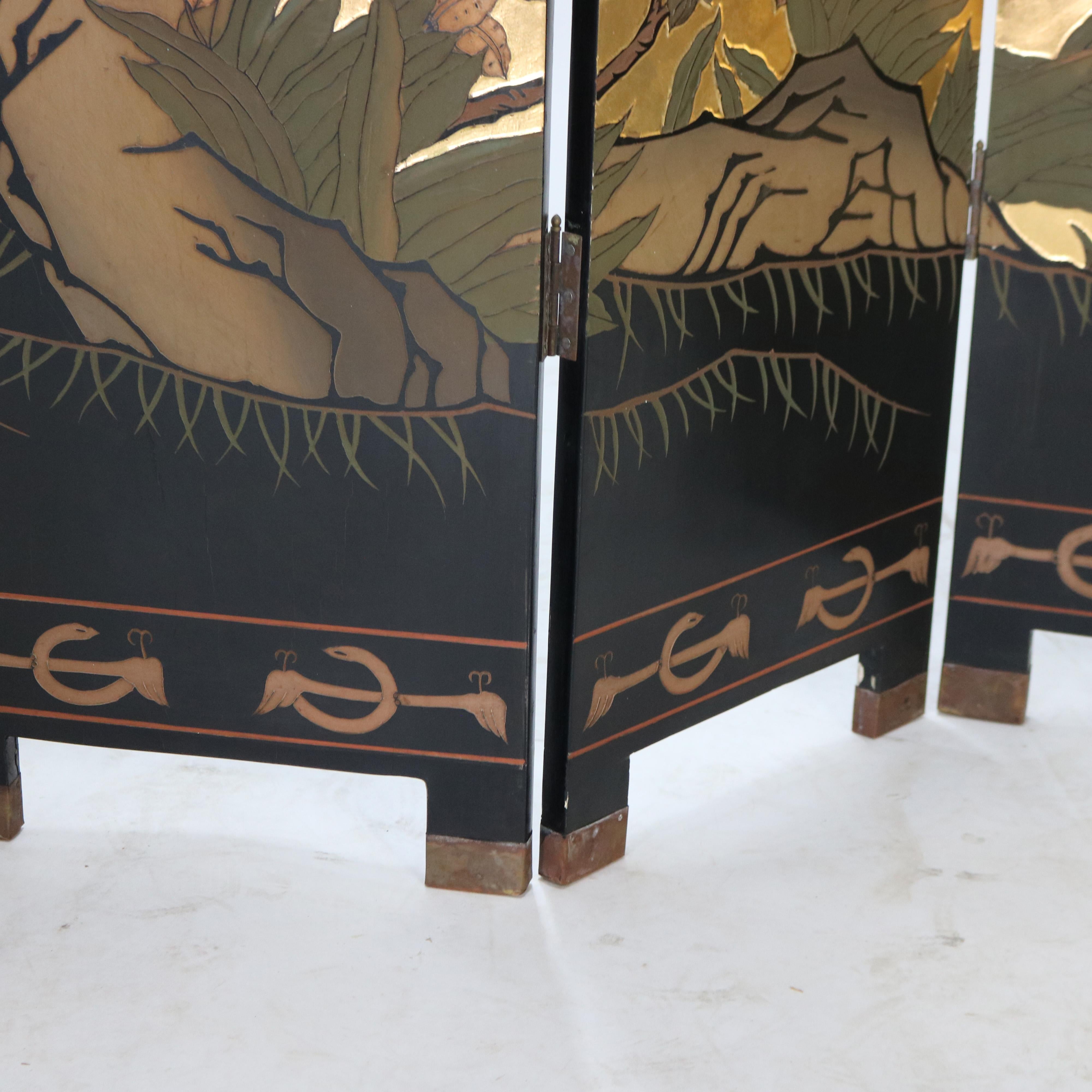Vintage Japanese Black Lacquered, Gilt & Polychromed Four Panel Folding Screen 8