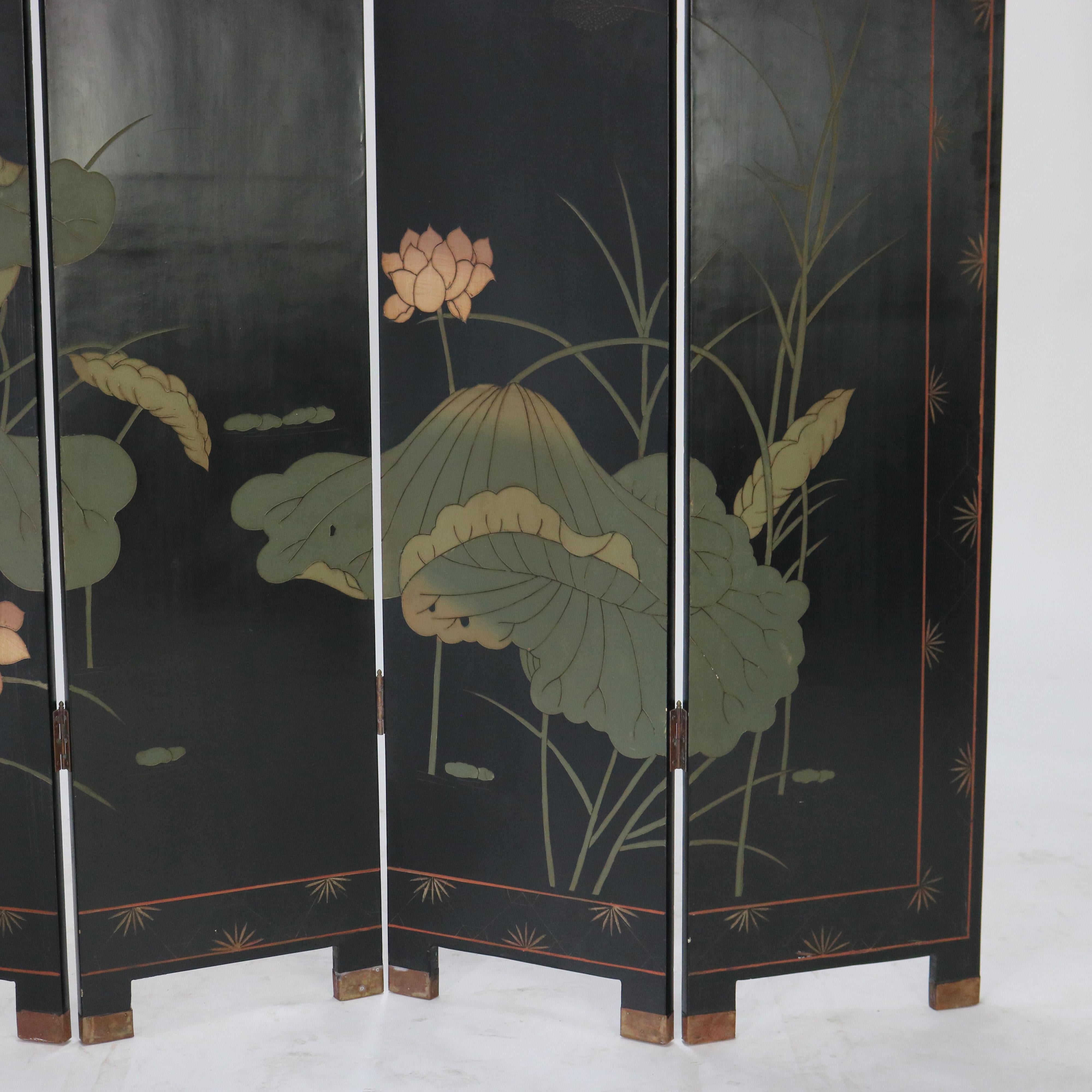 Vintage Japanese Black Lacquered, Gilt & Polychromed Four Panel Folding Screen 9