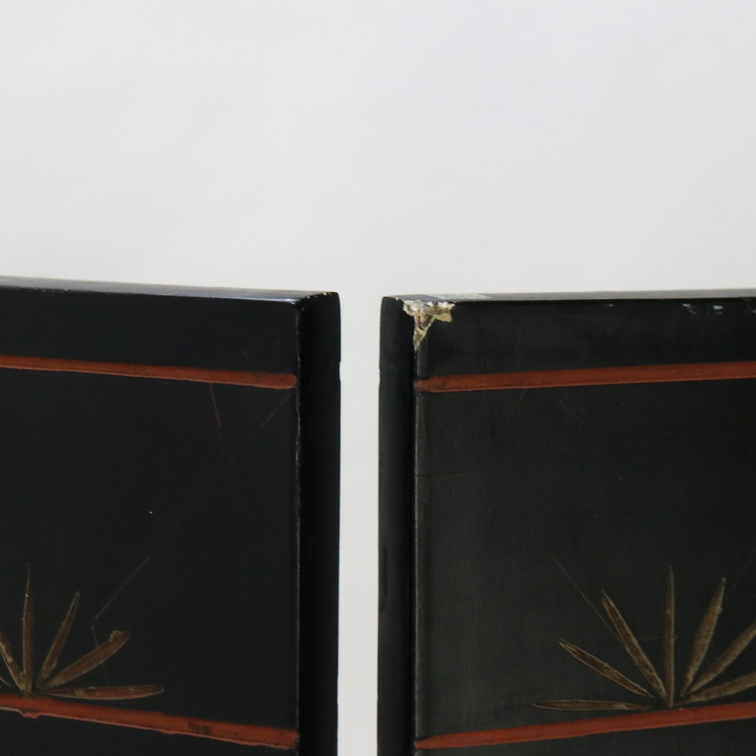 Vintage Japanese Black Lacquered, Gilt & Polychromed Four Panel Folding Screen 10