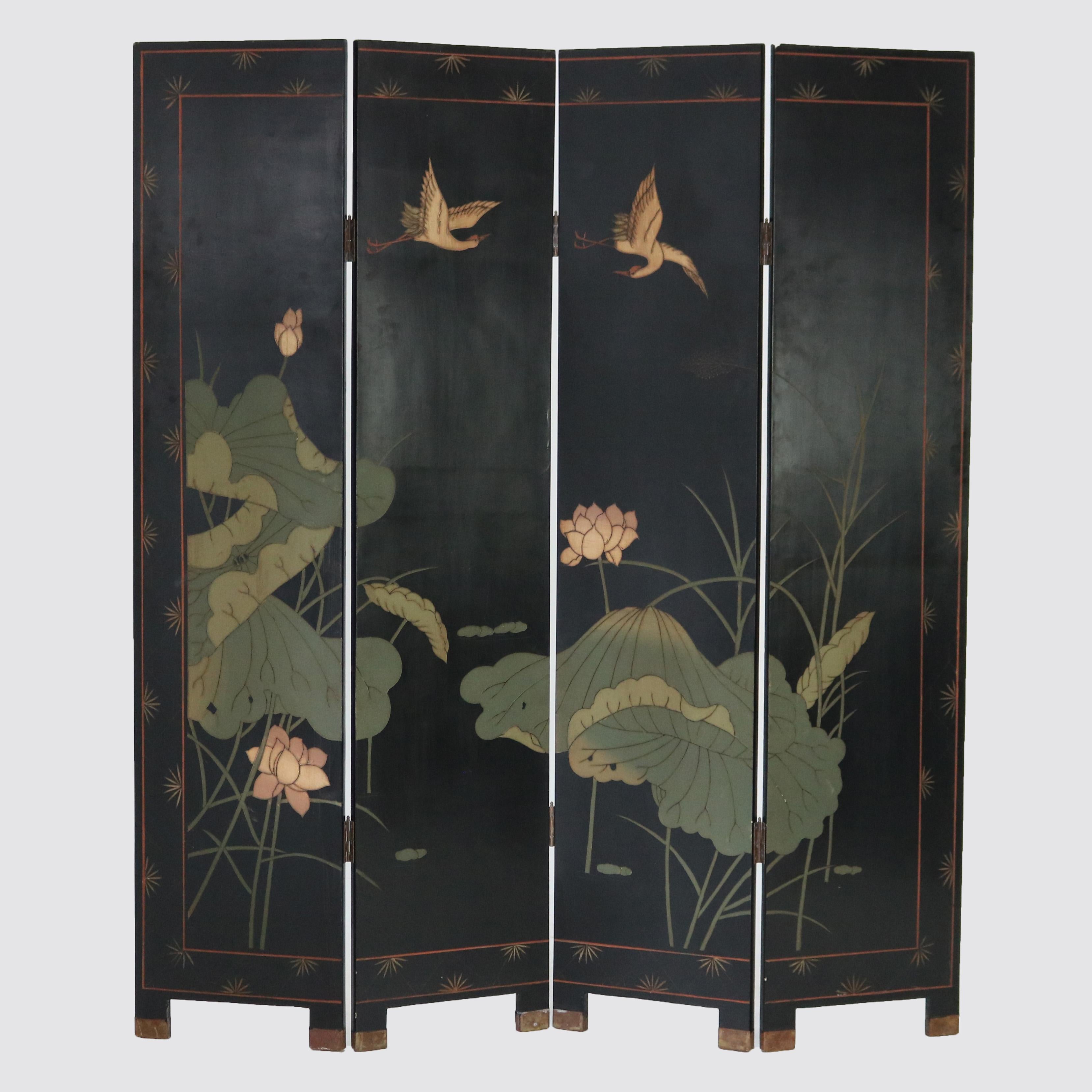 ***Reduced In-House Delivery Rates - Click on “Ask Seller” to Request a Quote***

Vintage Japanese Black Lacquered, Gilt & Polychromed Four Panel Folding Screen with Garden Scene & Bird C1950

Measures- 72