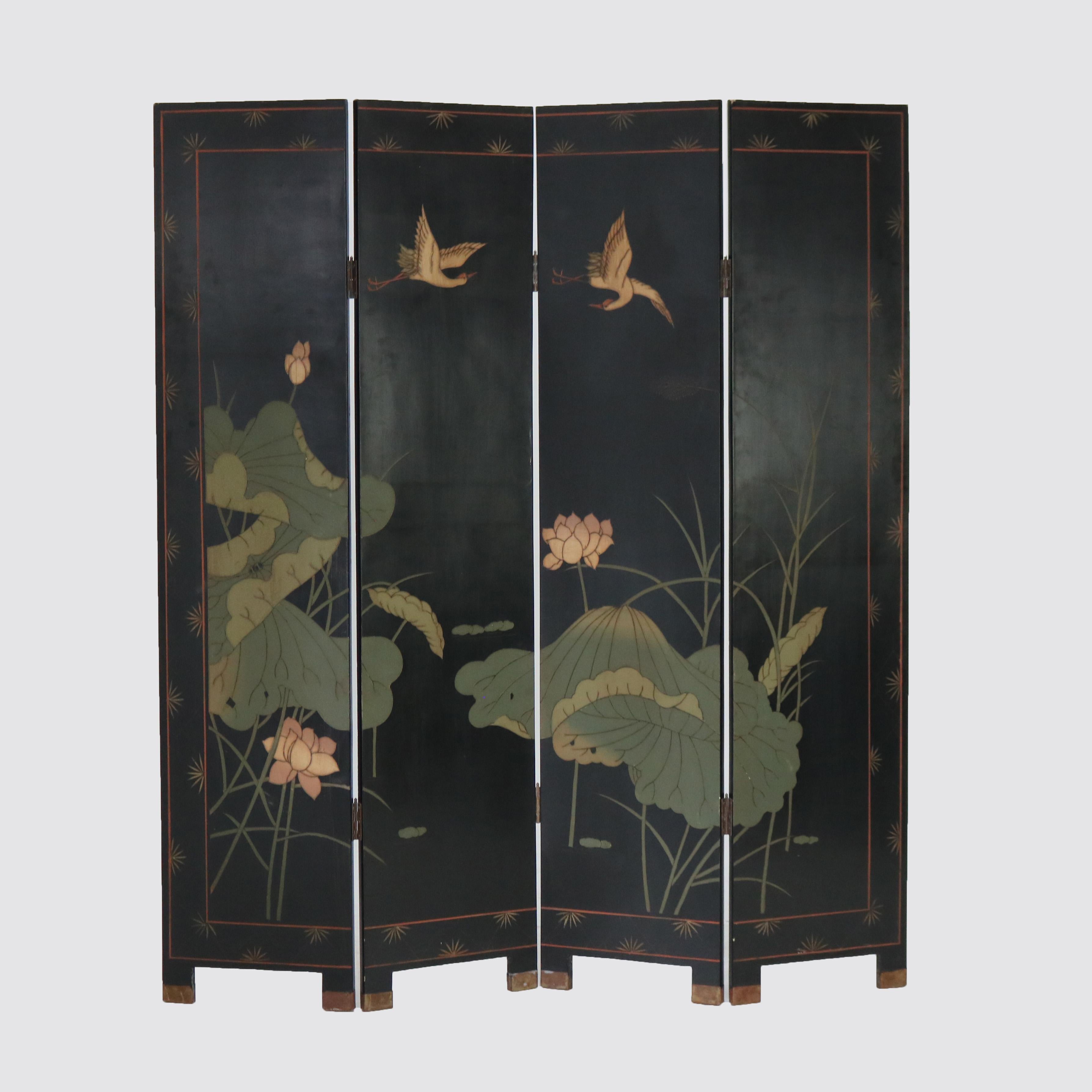 Vintage Japanese Black Lacquered, Gilt & Polychromed Four Panel Folding Screen In Good Condition In Big Flats, NY