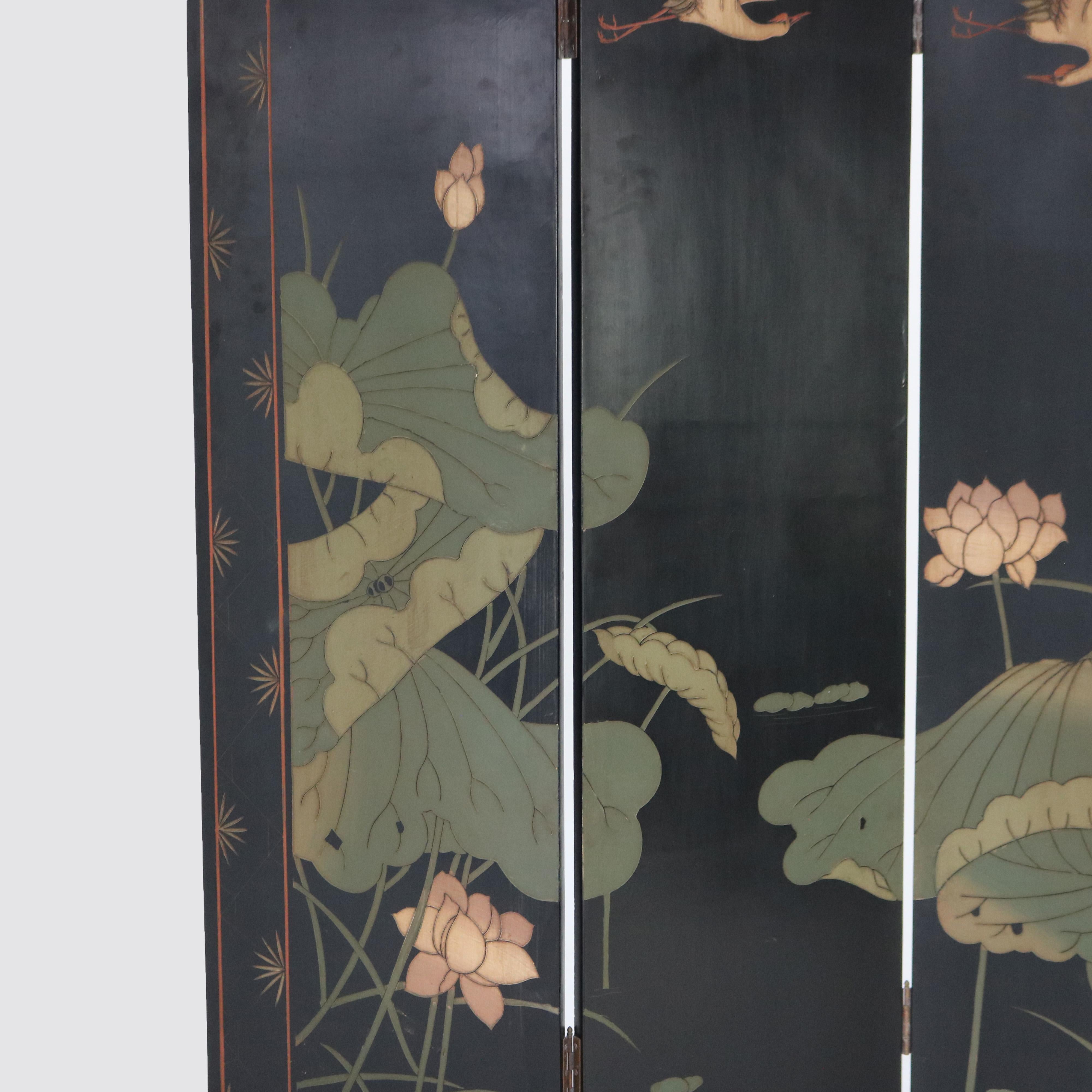 20th Century Vintage Japanese Black Lacquered, Gilt & Polychromed Four Panel Folding Screen