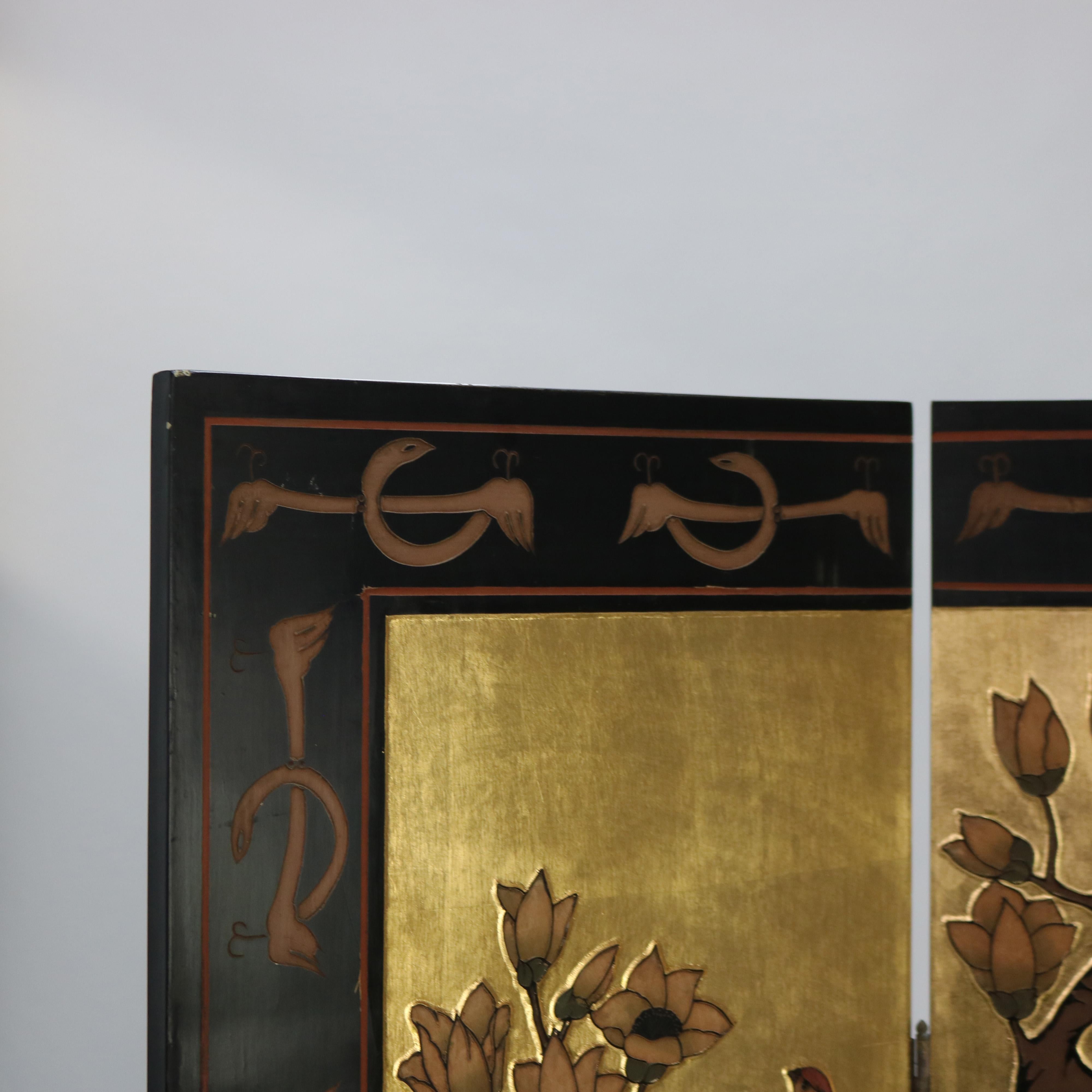 Vintage Japanese Black Lacquered, Gilt & Polychromed Four Panel Folding Screen 1