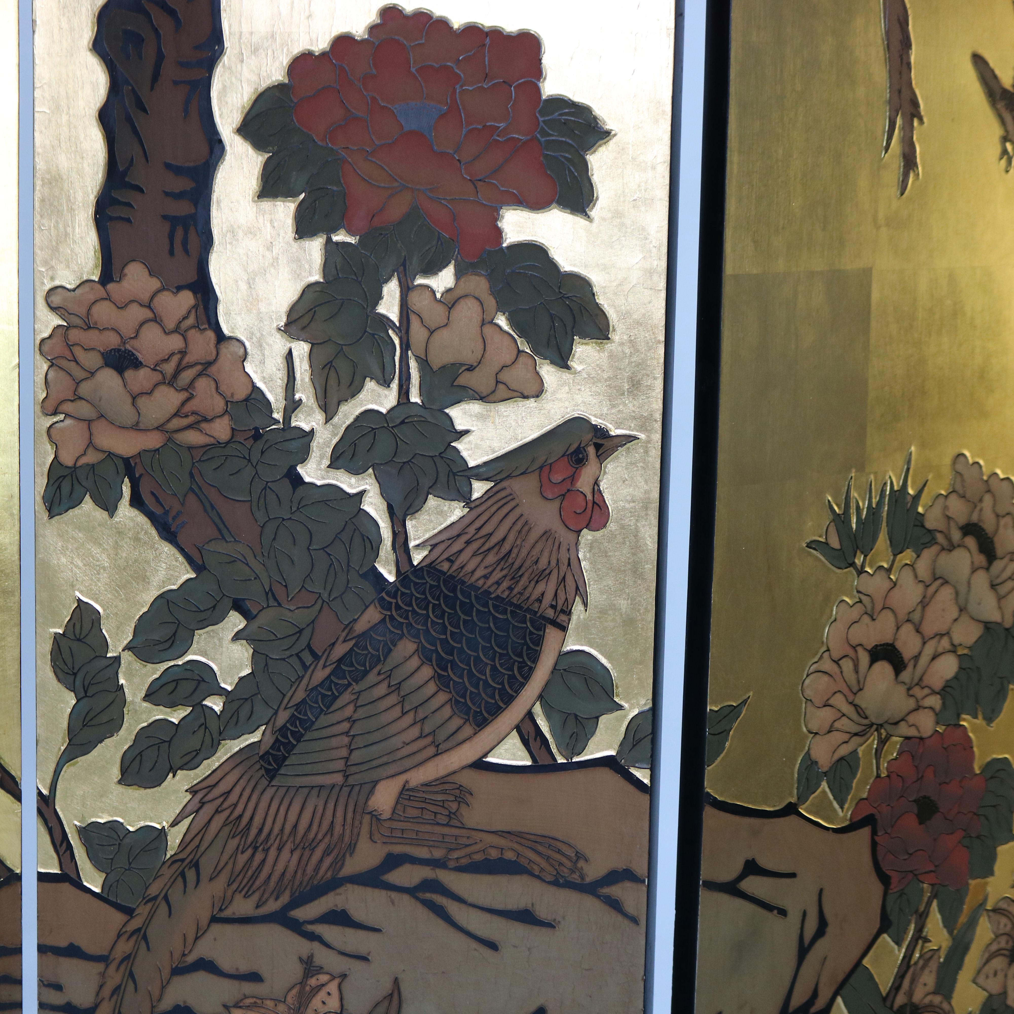 Vintage Japanese Black Lacquered, Gilt & Polychromed Four Panel Folding Screen 2