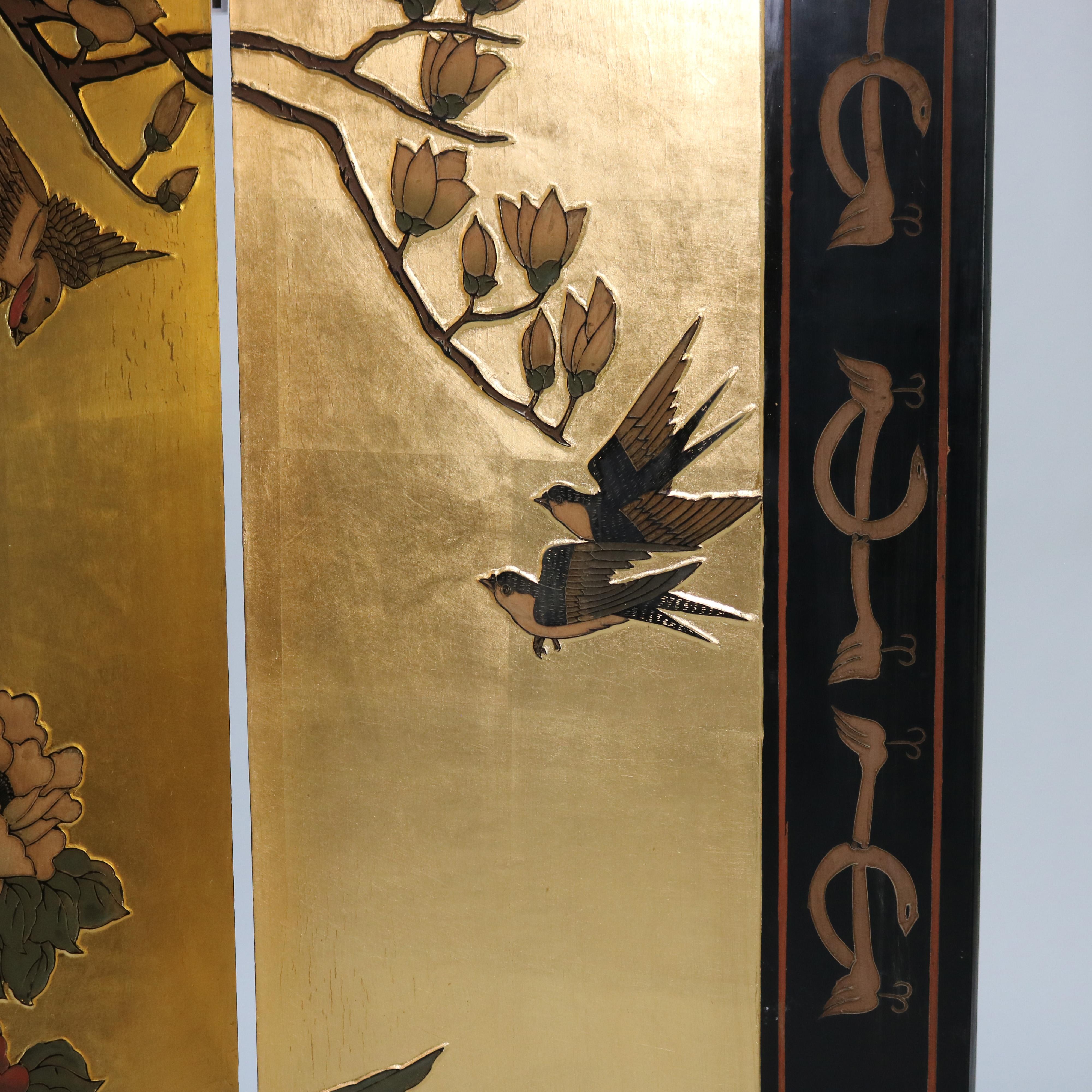 Vintage Japanese Black Lacquered, Gilt & Polychromed Four Panel Folding Screen 3