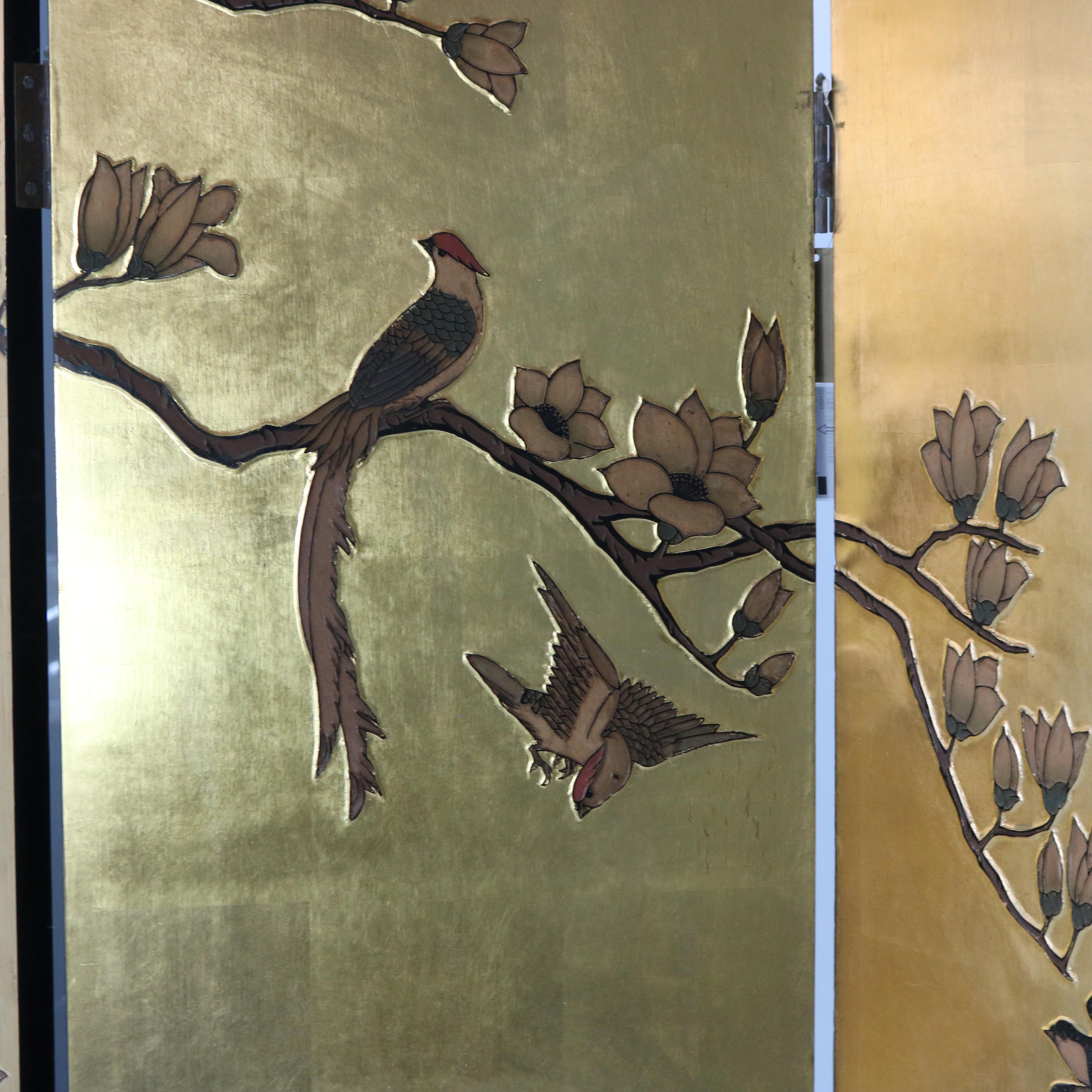 Vintage Japanese Black Lacquered, Gilt & Polychromed Four Panel Folding Screen 4