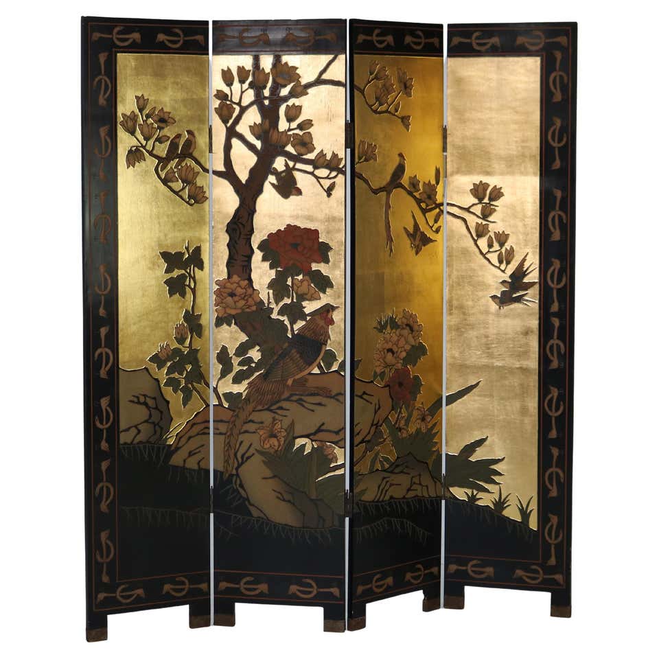 Vintage Asian Chinese Lacquered Four Panel Folding Screen For Sale at ...