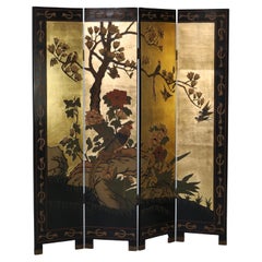 Vintage Japanese Black Lacquered, Gilt & Polychromed Four Panel Folding Screen