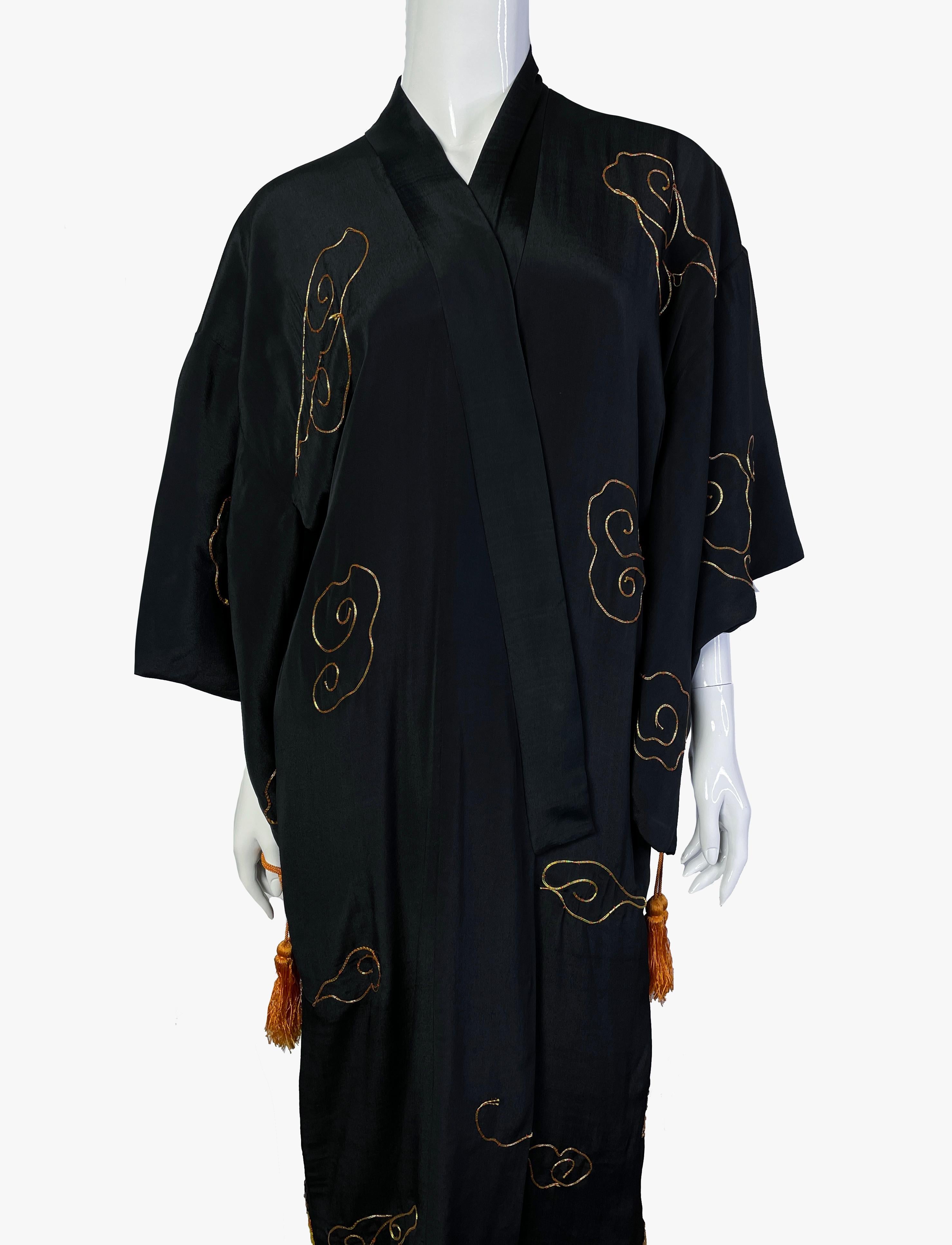 Women's or Men's Vintage Japanese black silk embroidered kimono, 1950s