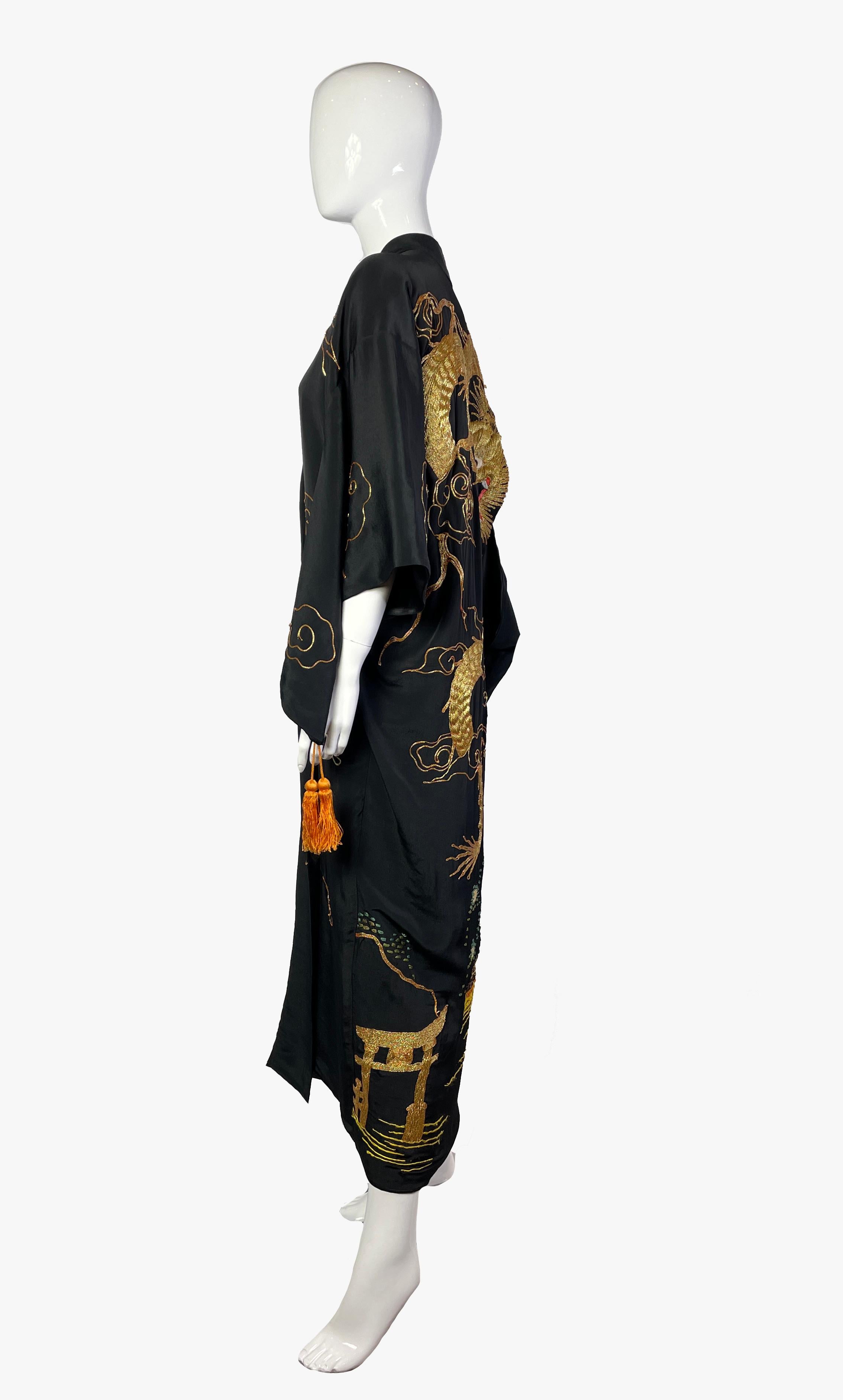 Vintage Japanese black silk embroidered kimono, 1950s 1