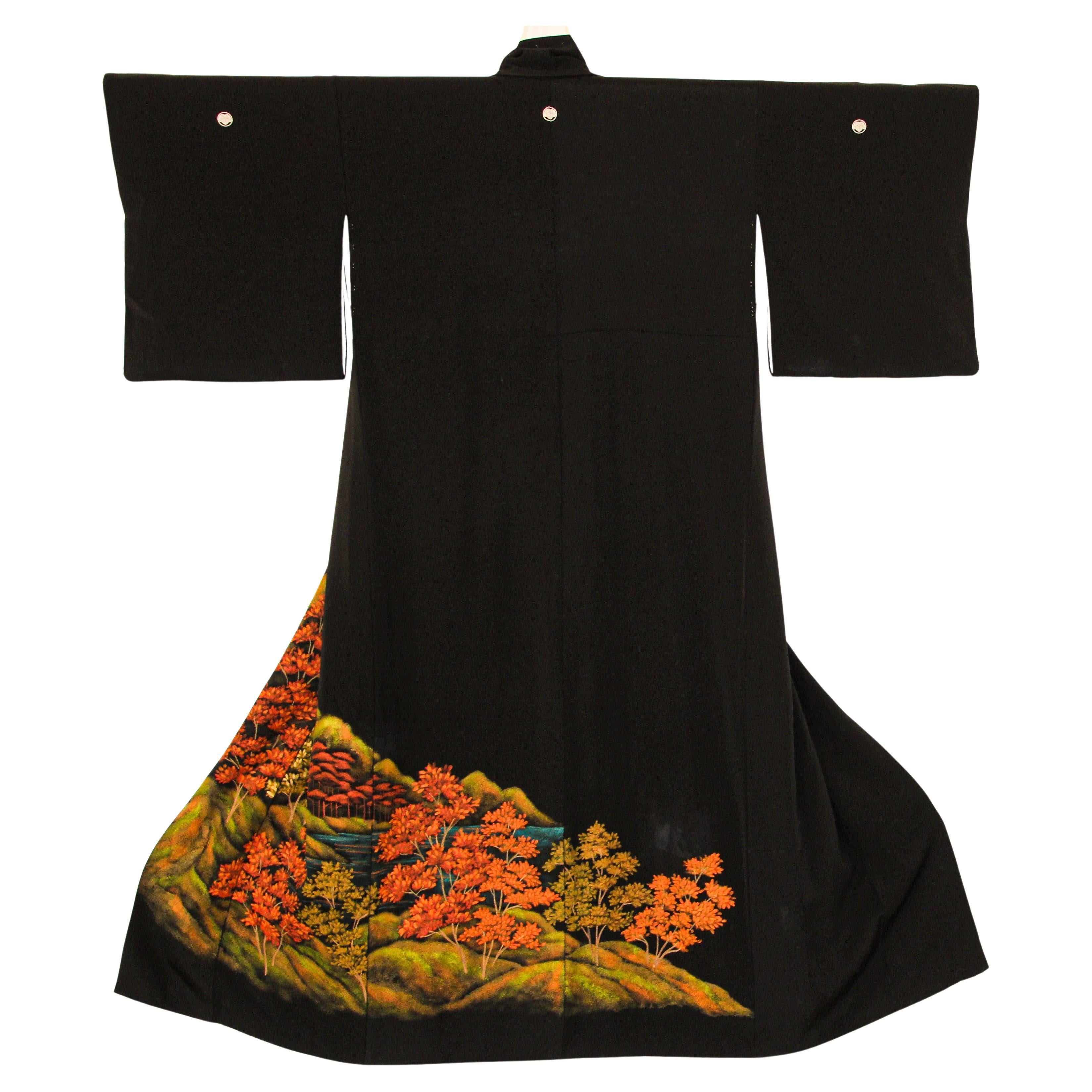 Kimono japonais vintage en soie noire, annes 1960