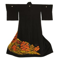 Retro Japanese Black Silk Kimono 1960's