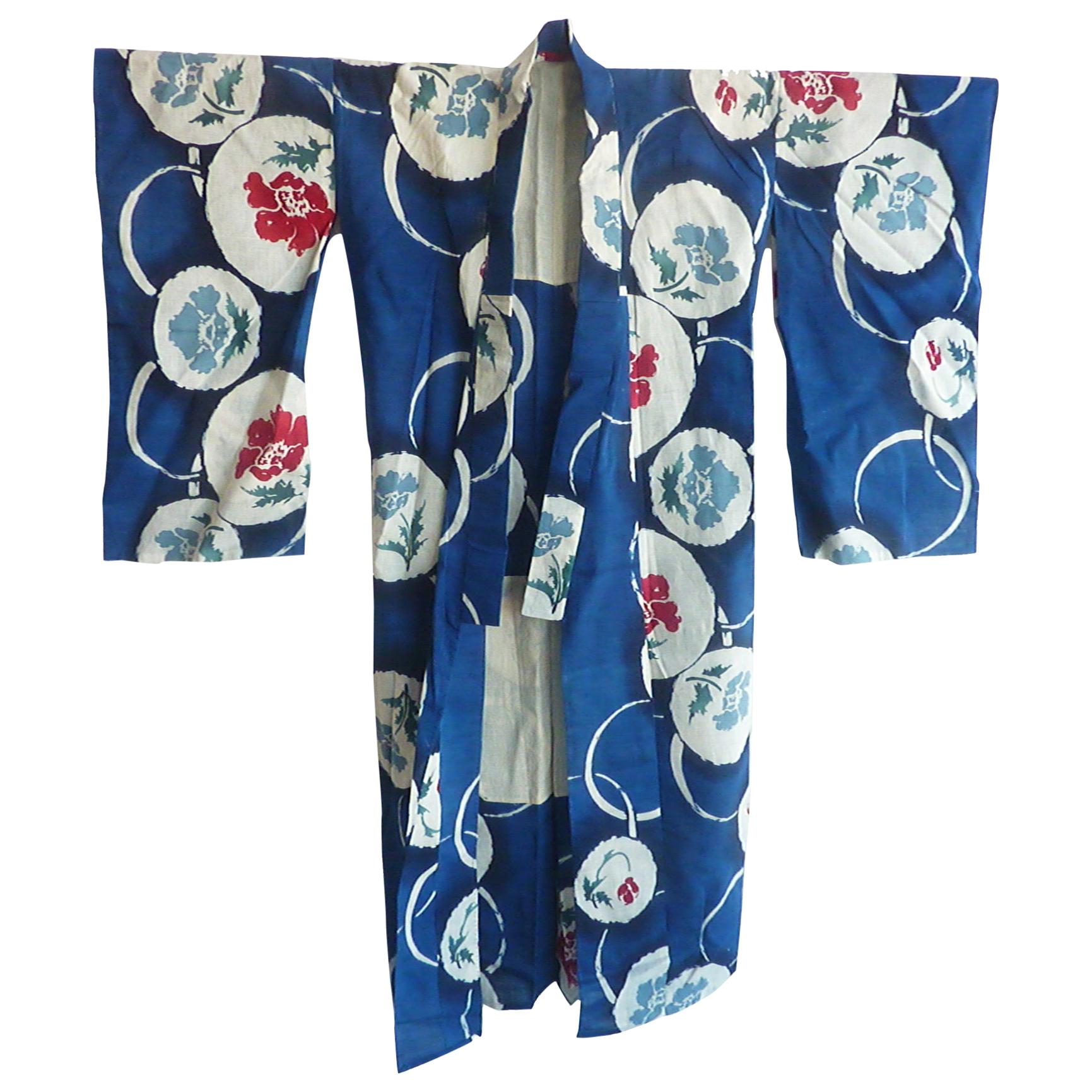 Vintage Japanese Blue Flower Moon Cotton Kimono For Sale