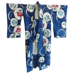 Vintage Japanese Blue Flower Moon Cotton Kimono