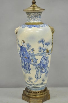 Vintage Japanese Blue White Porcelain Jardinierie Vase Chinoiserie Table Lamp