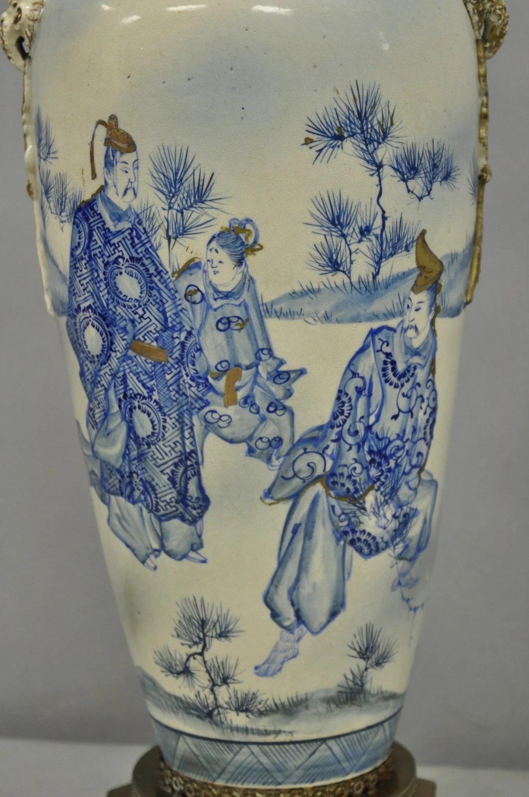 Unknown Vintage Japanese Blue White Porcelain Jardinierie Vase Chinoiserie Table Lamp For Sale