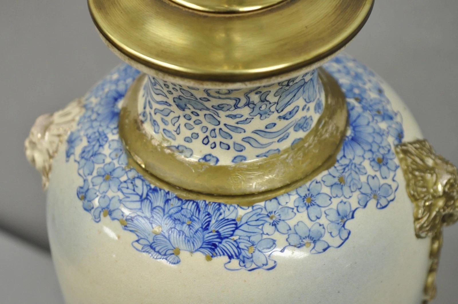 Brass Vintage Japanese Blue White Porcelain Jardinierie Vase Chinoiserie Table Lamp For Sale