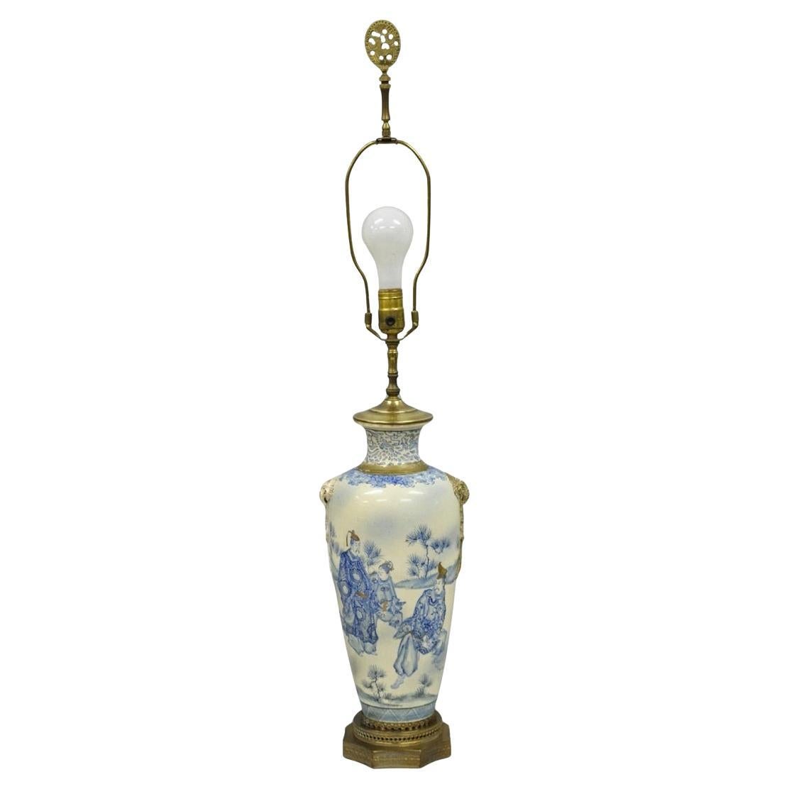 Vintage Japanese Blue White Porcelain Jardinierie Vase Chinoiserie Table Lamp For Sale