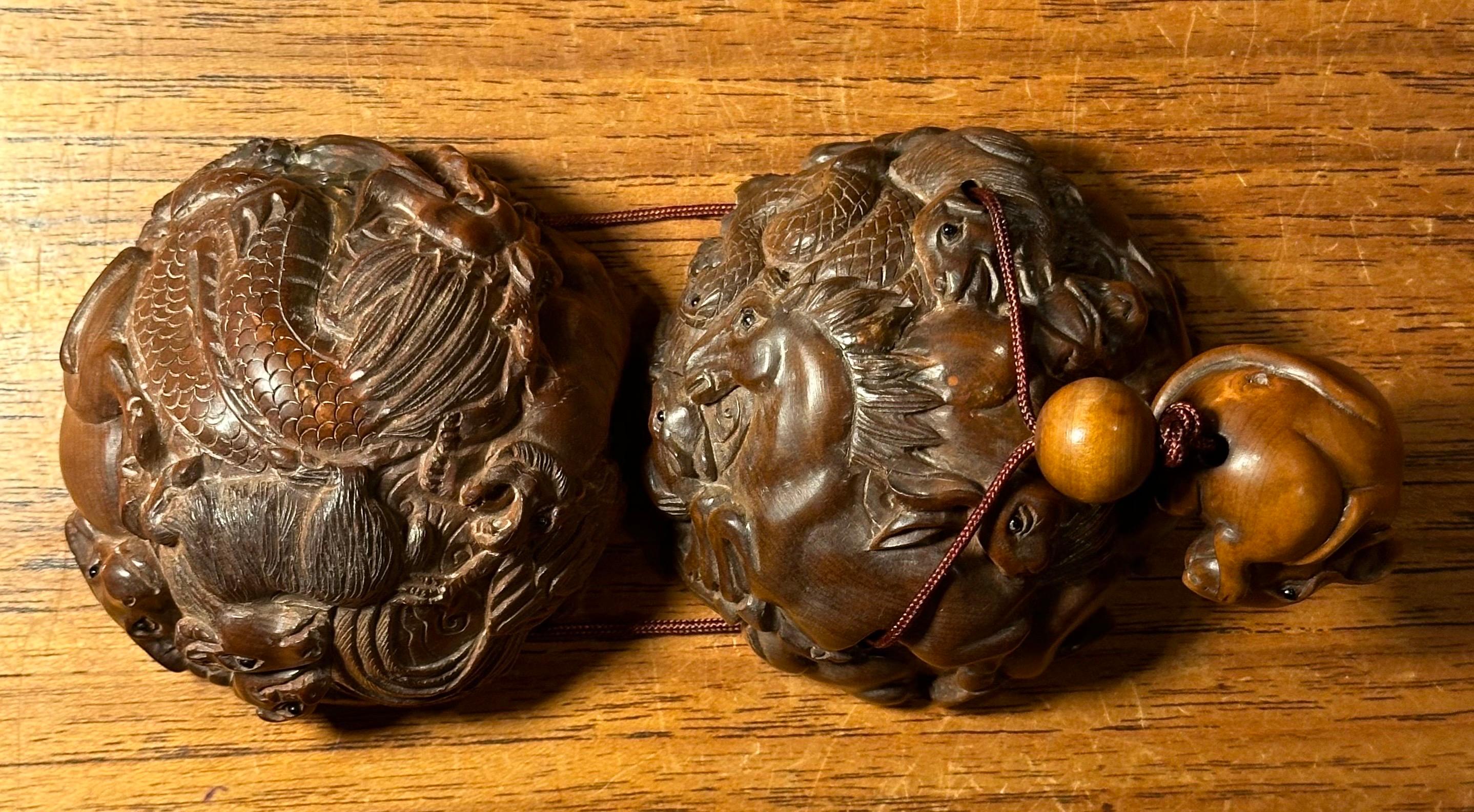 Bola japonesa vintage de madera de boj y netsuke de doce animales de Kozuki 5