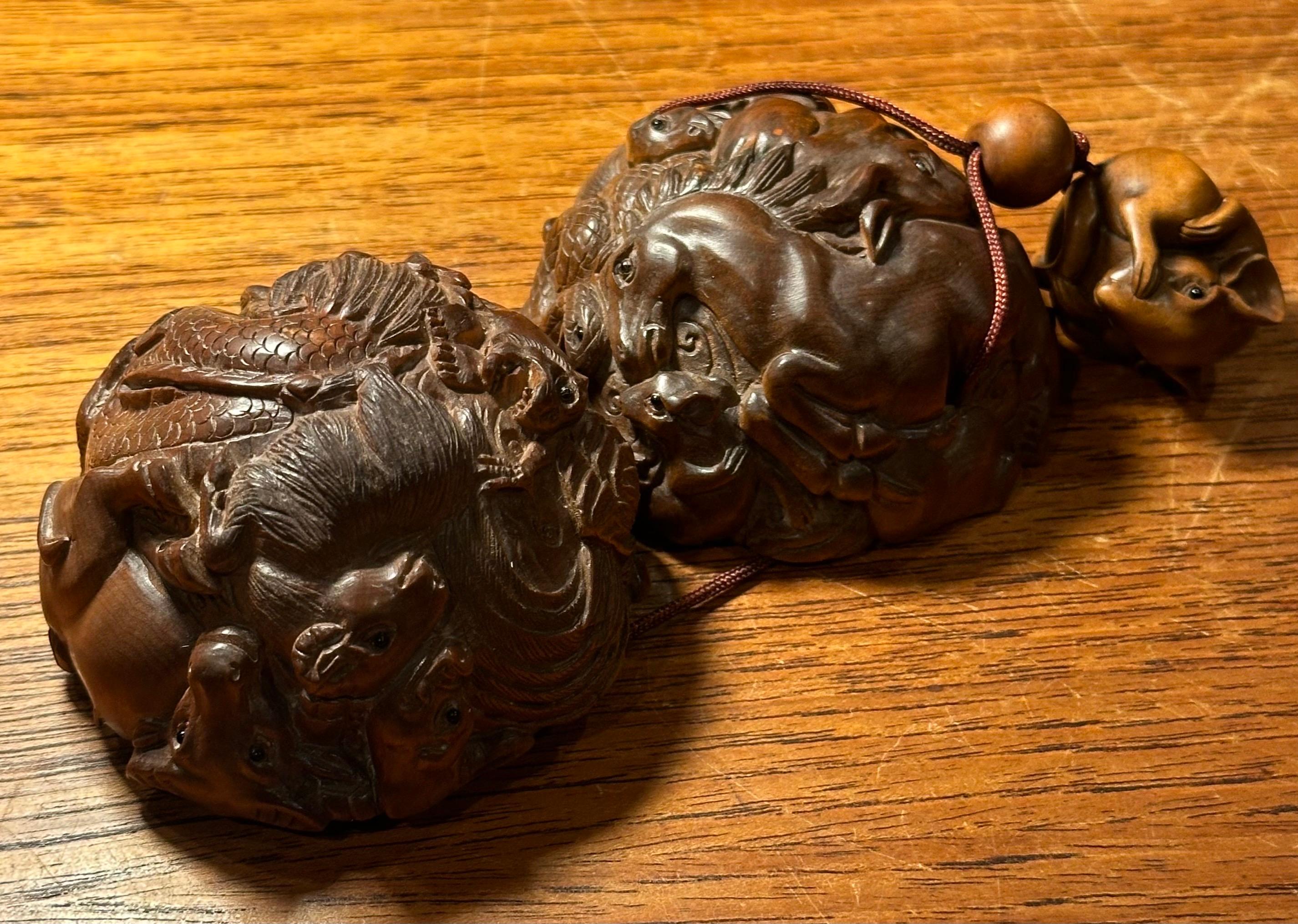 Bola japonesa vintage de madera de boj y netsuke de doce animales de Kozuki 6