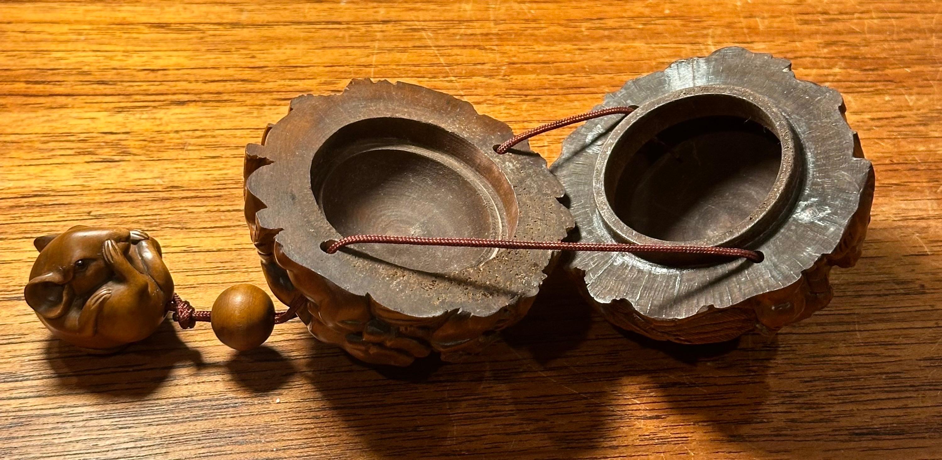 Bola japonesa vintage de madera de boj y netsuke de doce animales de Kozuki 8
