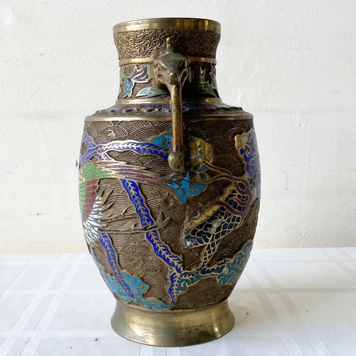 Vintage Japanese Brass Champleve Vase With Dragon Enamel In Good Condition For Sale In Delray Beach, FL