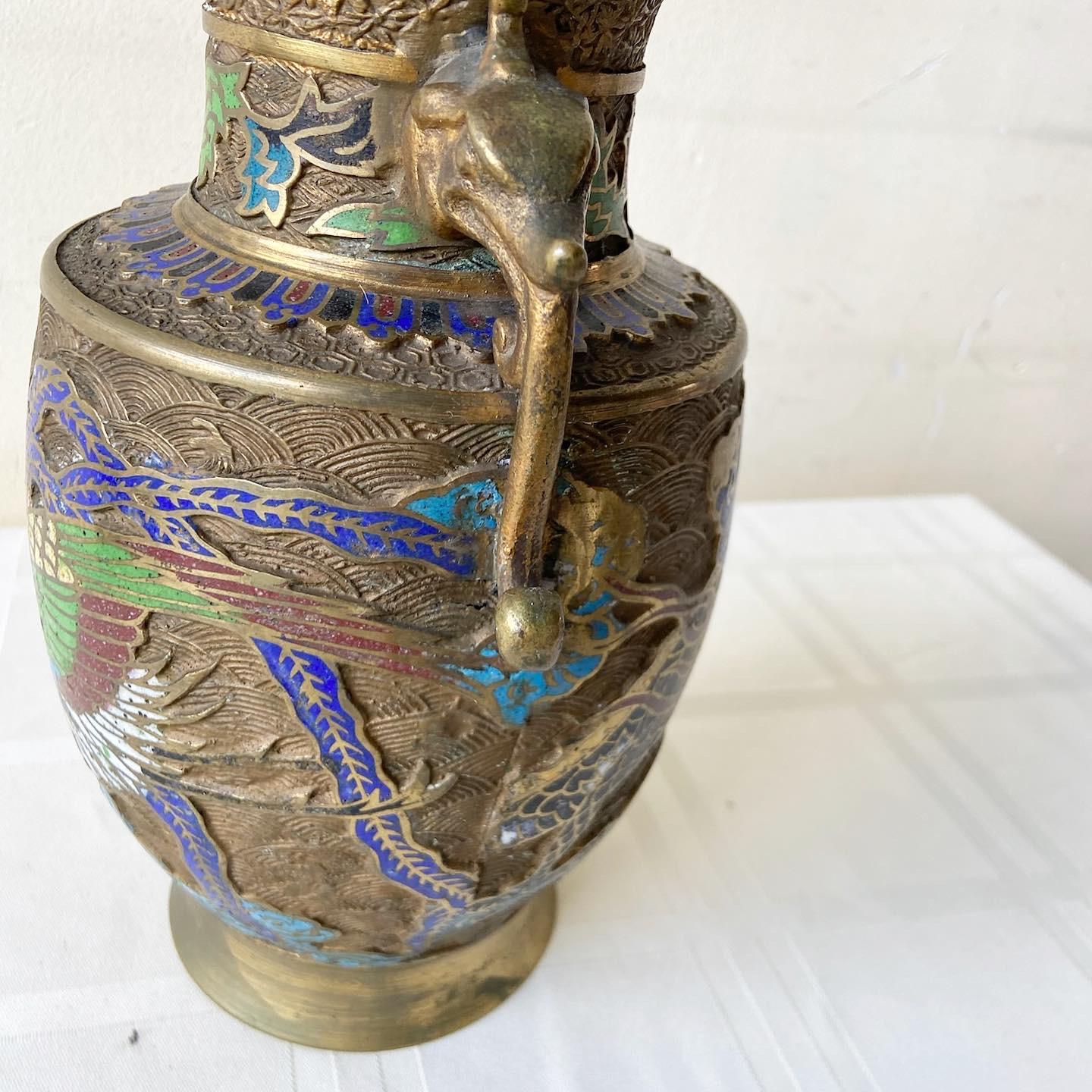 20th Century Vintage Japanese Brass Champleve Vase With Dragon Enamel For Sale