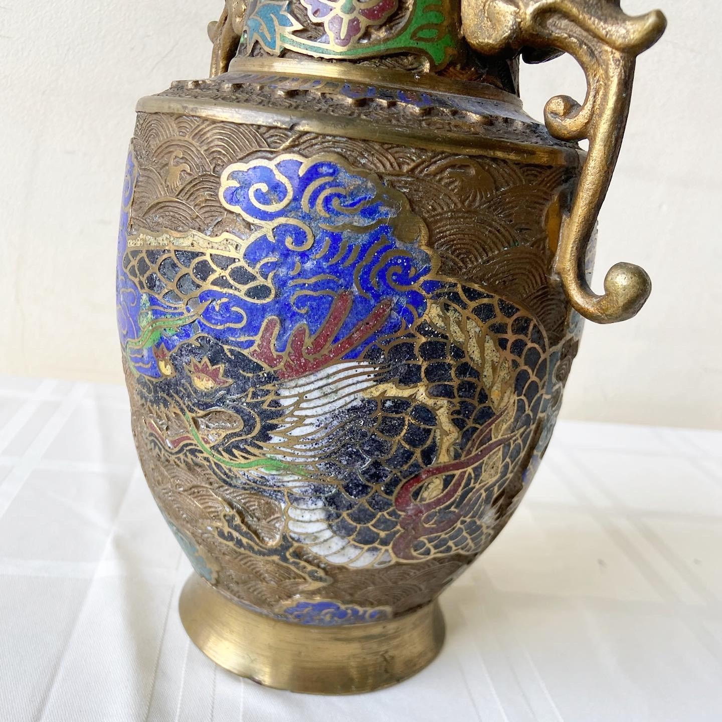 Vintage Japanese Brass Champleve Vase With Dragon Enamel For Sale 1