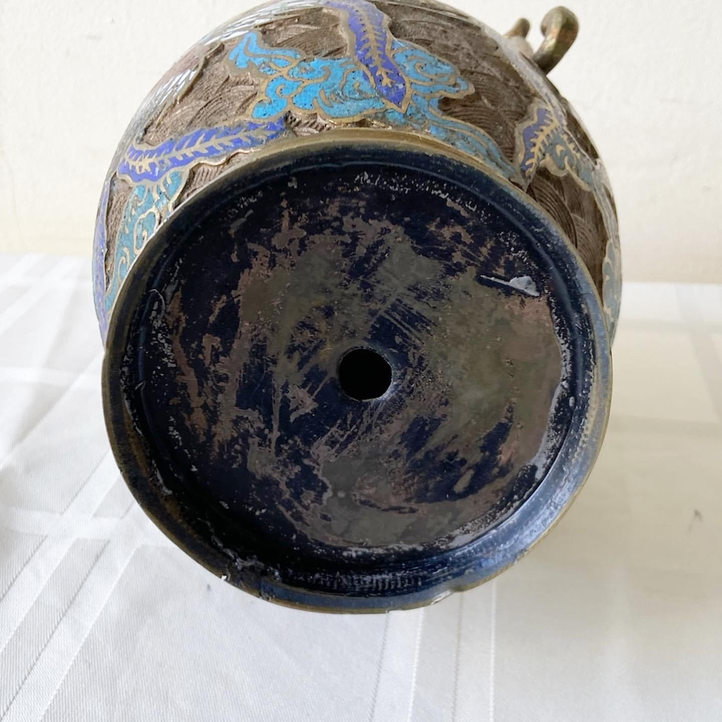 Vintage Japanese Brass Champleve Vase With Dragon Enamel For Sale 2
