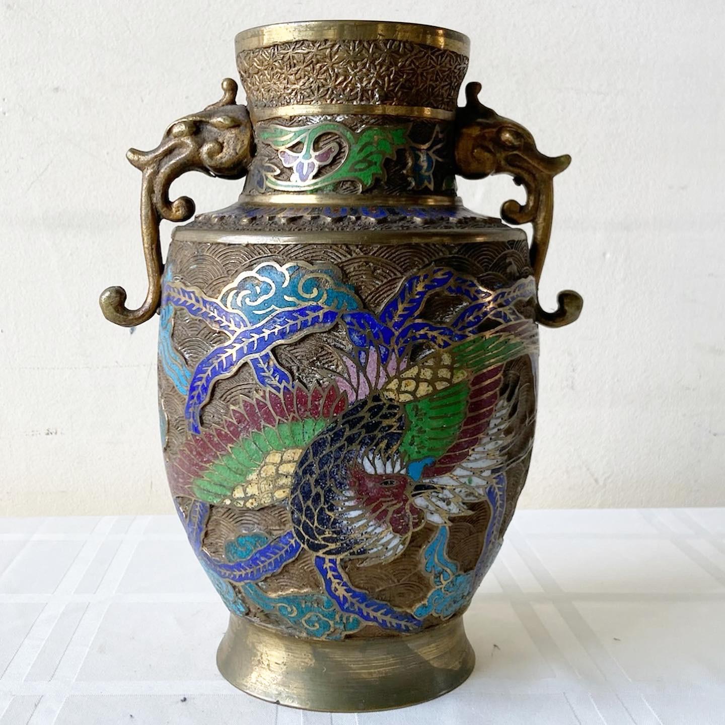 Vintage Japanese Brass Champleve Vase With Dragon Enamel For Sale 3