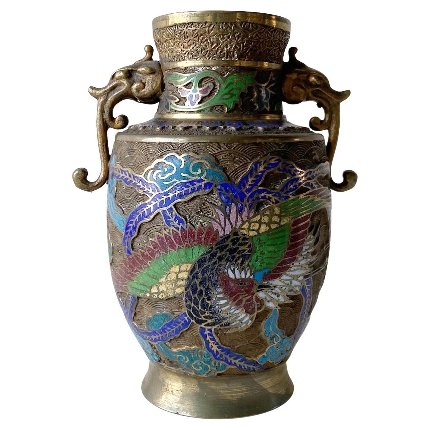 Vintage Japanese Brass Champleve Vase With Dragon Enamel For Sale