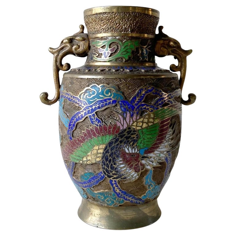 Vintage Japanese Brass Champleve Vase With Dragon Enamel For Sale at