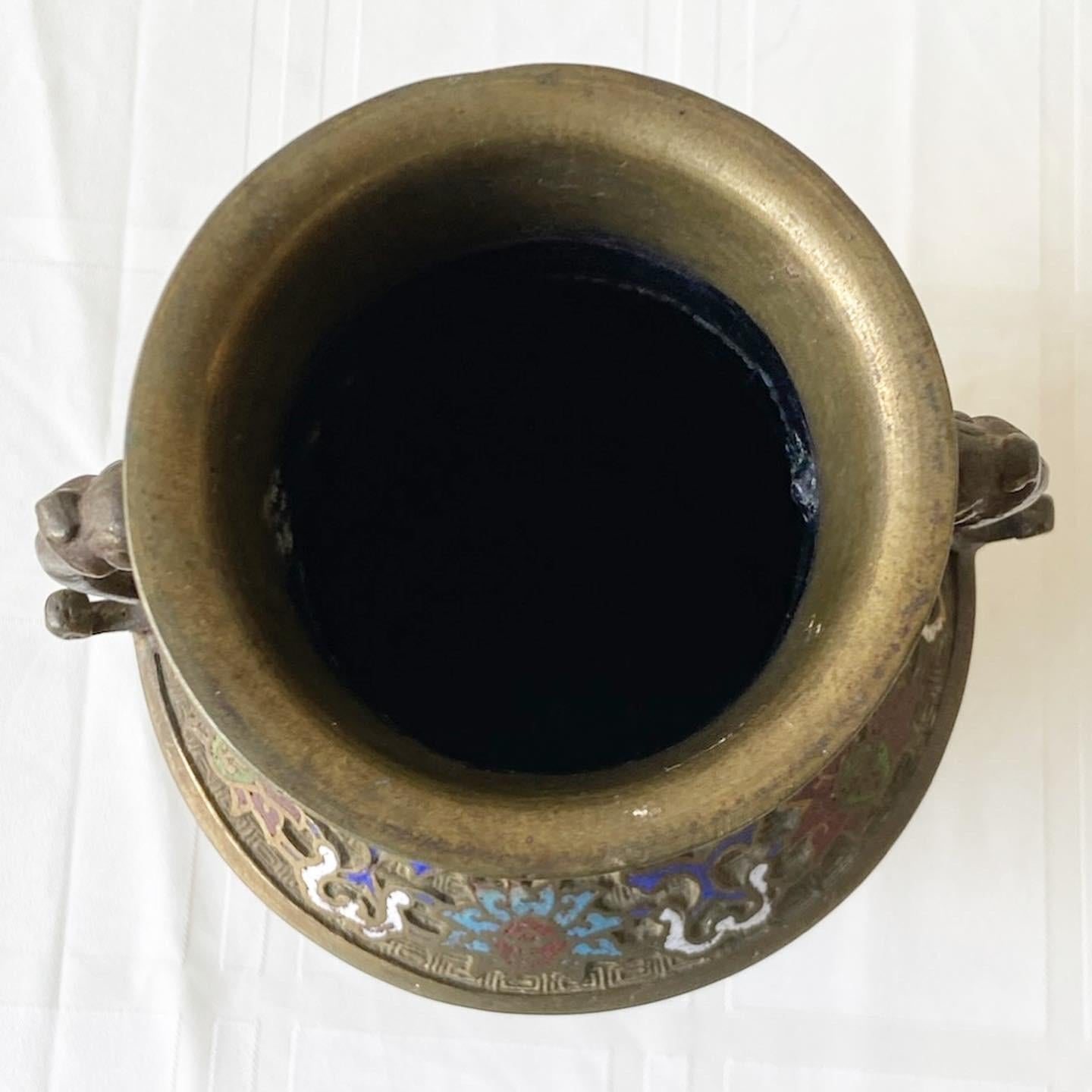 Japonisme Vintage Japanese Brass Champleve Vase With Ornate Handles For Sale