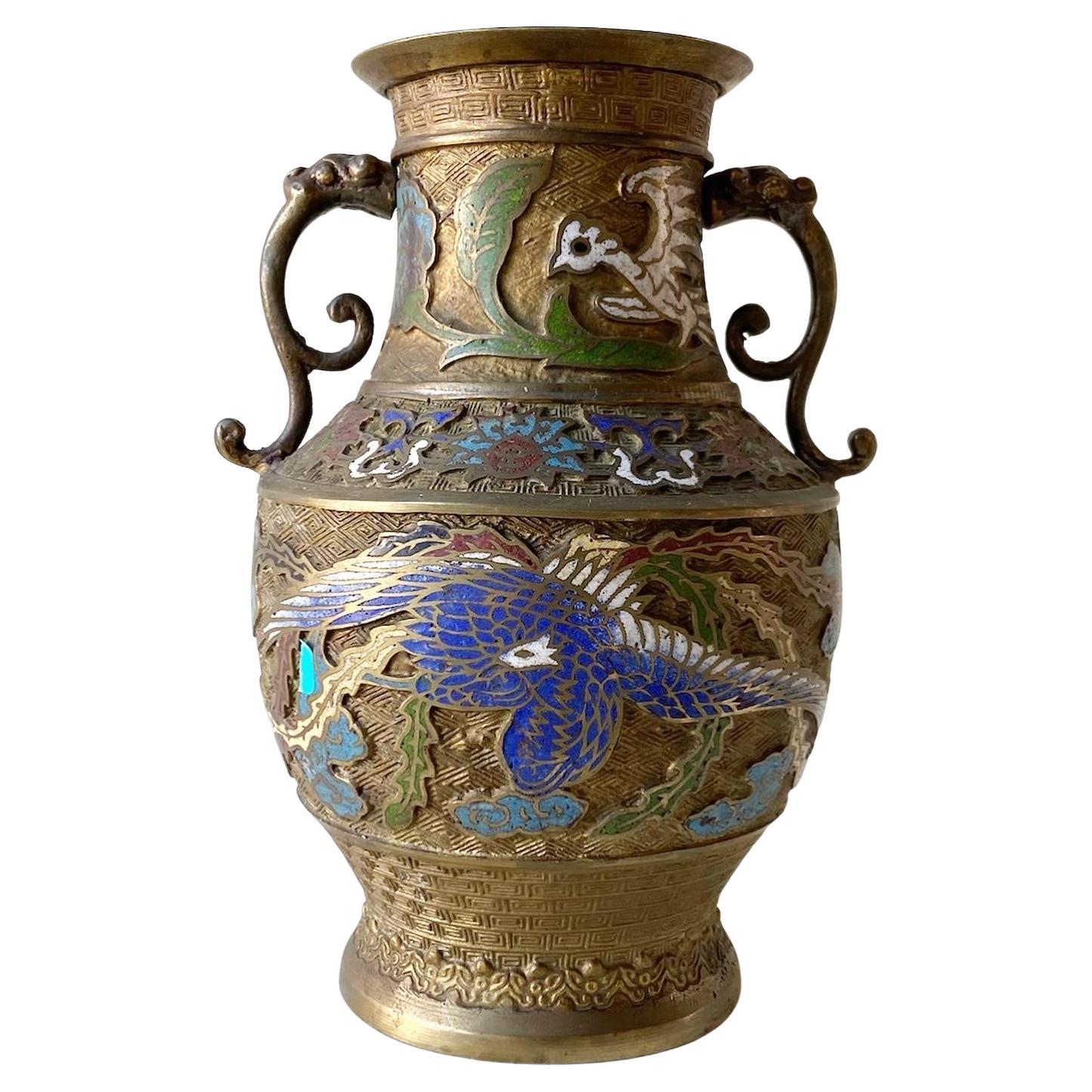 Vintage Japanese Brass Champleve Vase With Ornate Handles For Sale