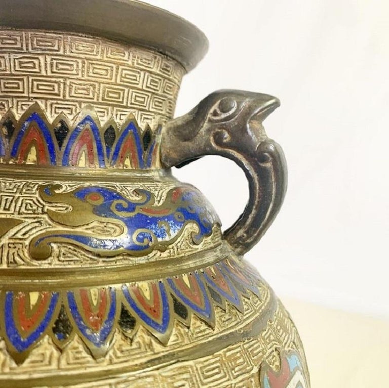 Vintage Japanese Brass Enamel Vase with Bird Handles For Sale at 1stDibs