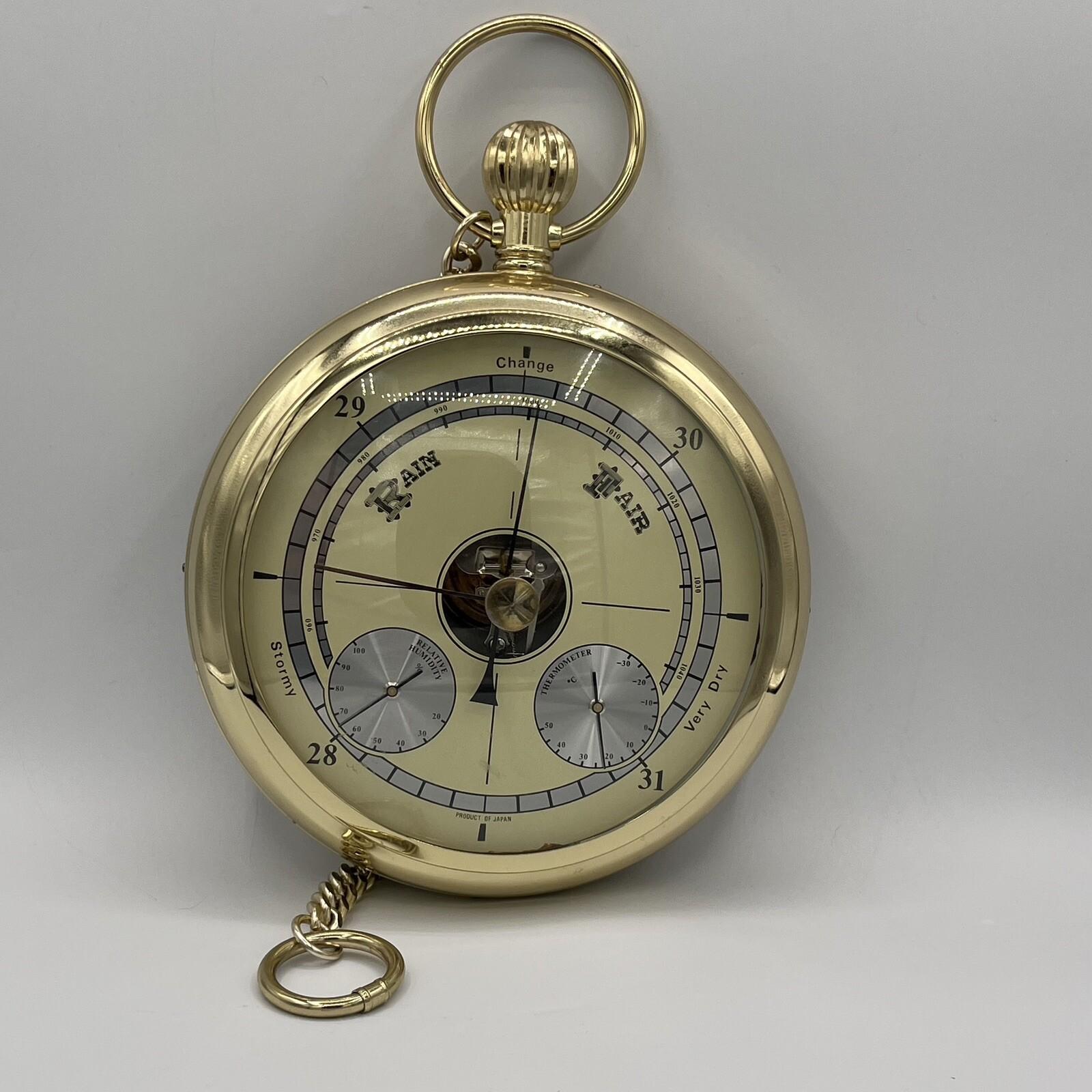 Barómetro de pared de reloj de bolsillo japonés vintage de latón, años 70 en venta 1