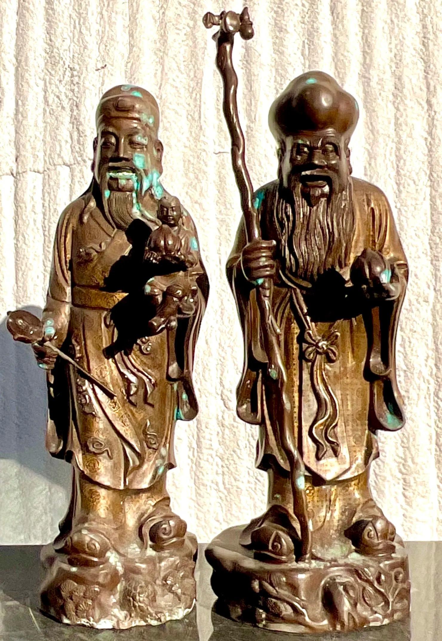 Figure ancestrali giapponesi in bronzo vintage - set di 2 In condizioni buone in vendita a west palm beach, FL