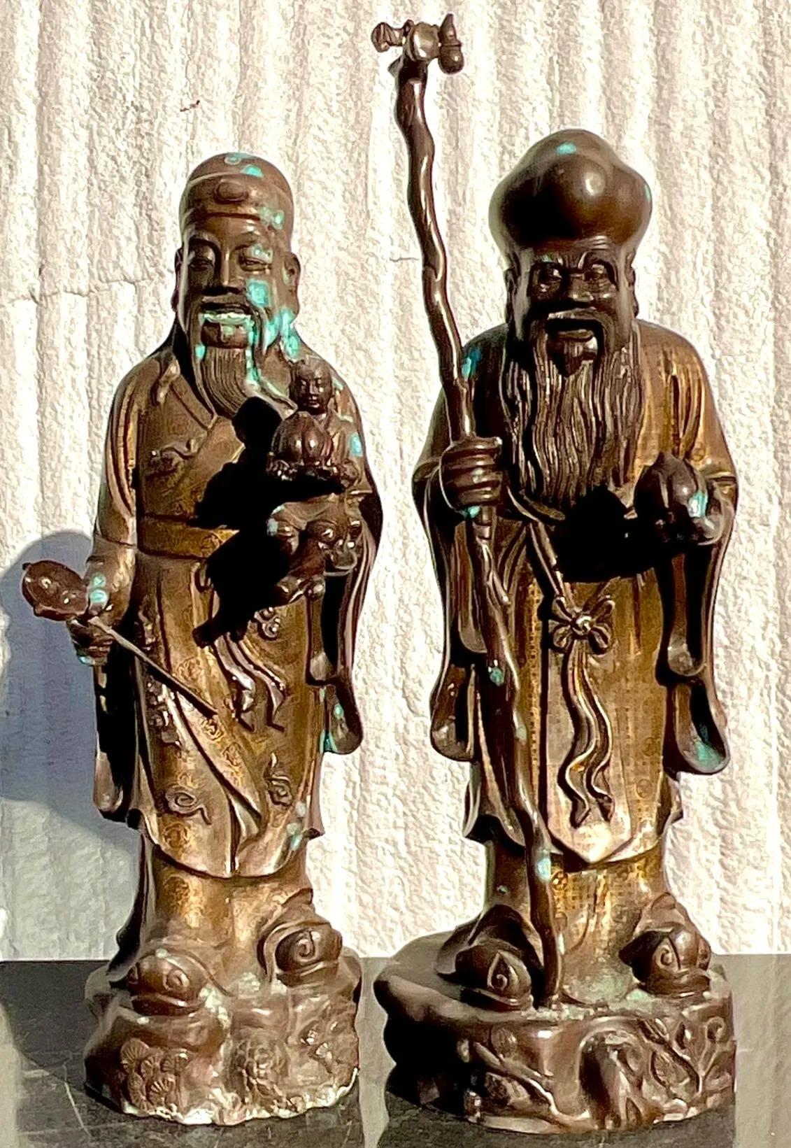Bronzo Figure ancestrali giapponesi in bronzo vintage - set di 2 in vendita