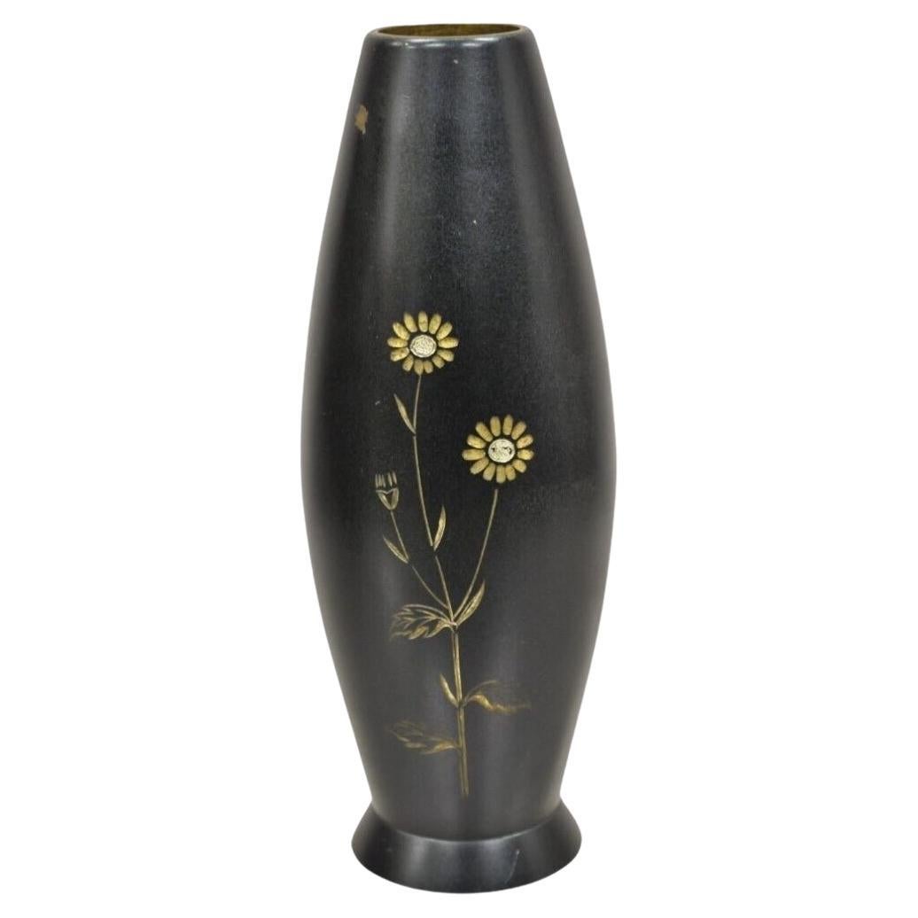 Vintage Japanese Bronze Floral Etched Small Bud Flower Vase For Sale