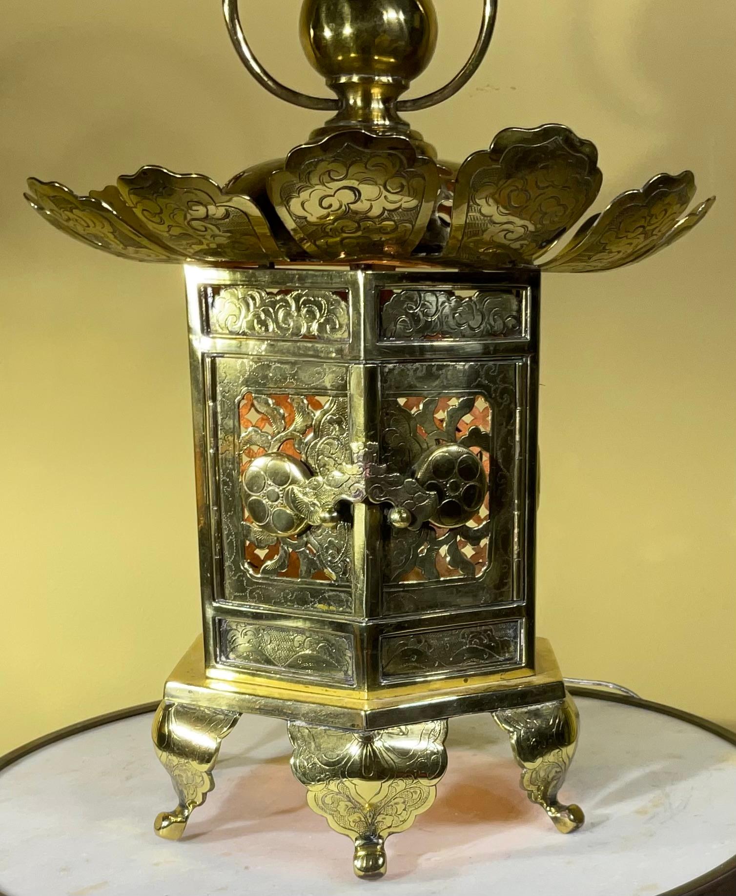 Hand-Crafted Vintage Japanese  Buddhist Alter Brass Lantern / Table Lamp / Center Piece  For Sale