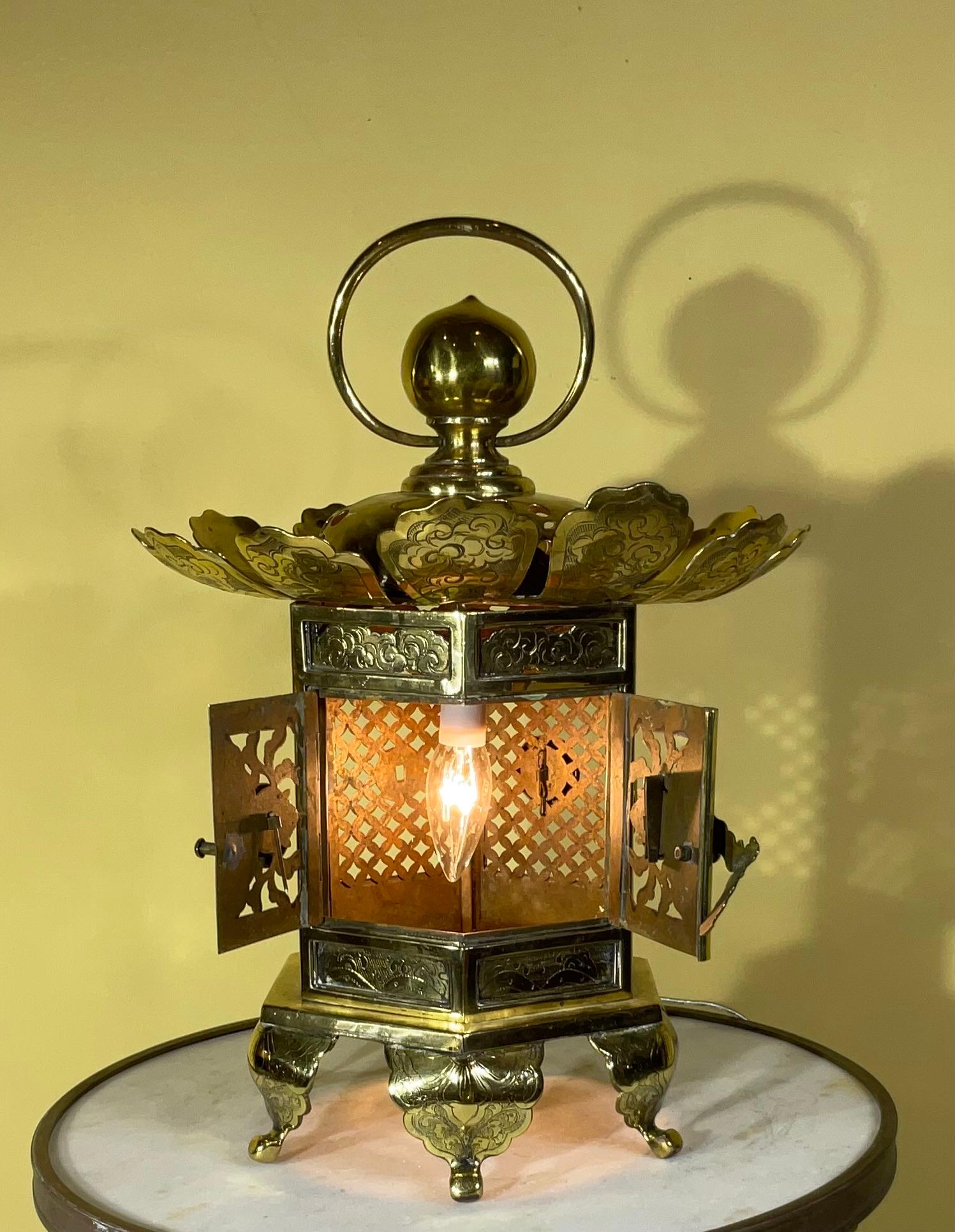 20th Century Vintage Japanese  Buddhist Alter Brass Lantern / Table Lamp / Center Piece  For Sale