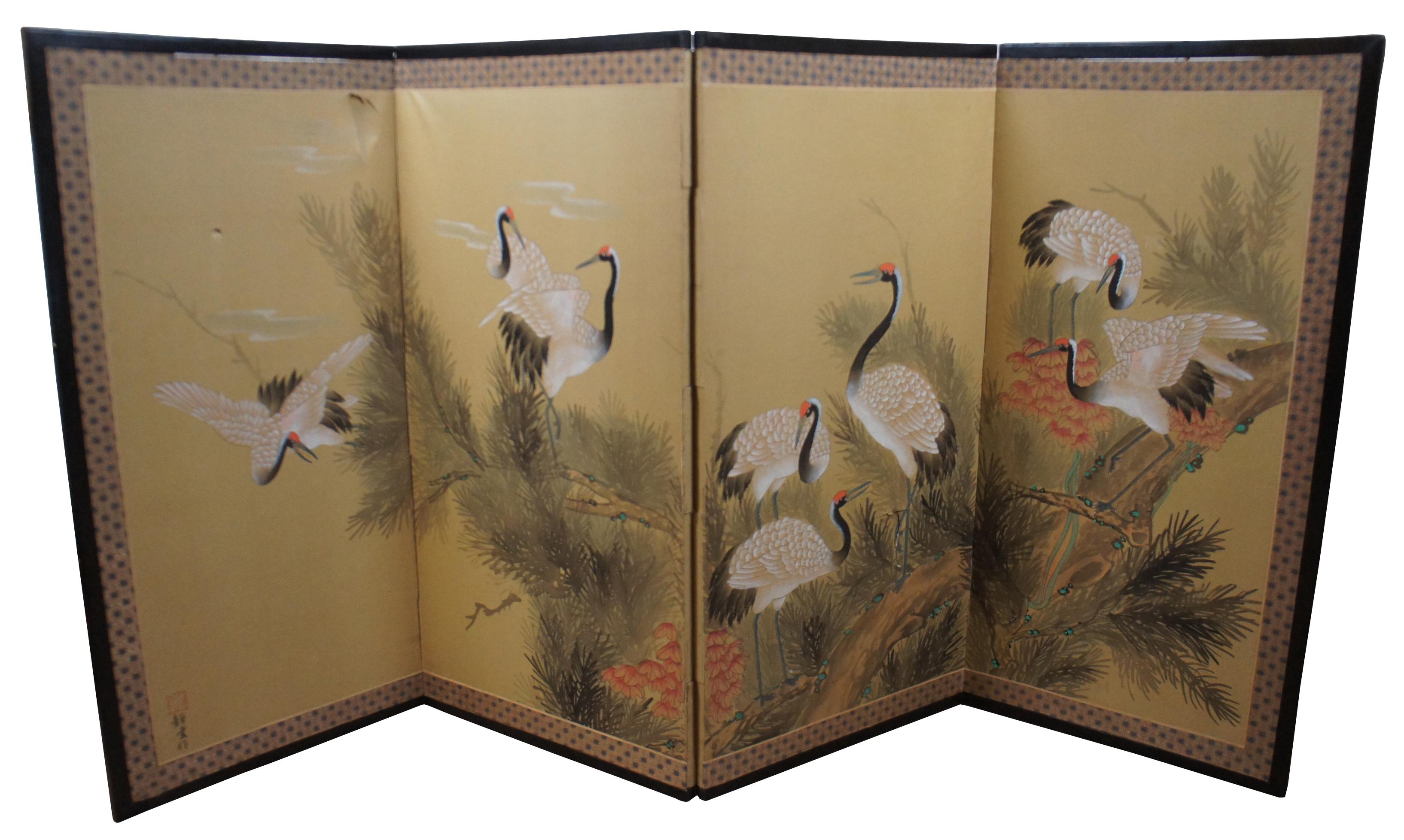 Japonisme Vintage Japanese Byobu 4 Panel Silk Hand Painted Crane Lotus Folding Screen
