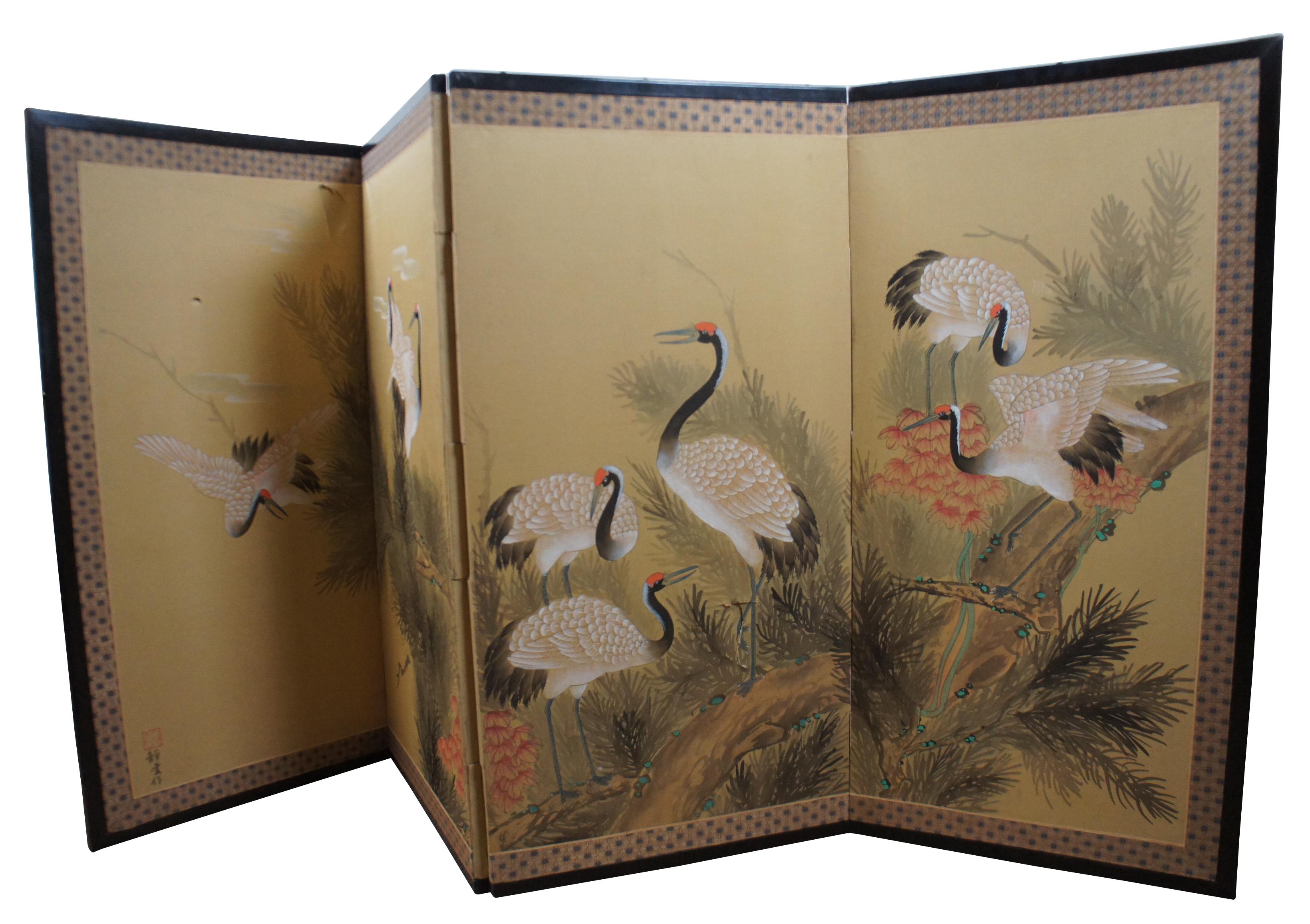 Vintage Japanese Byobu 4 Panel Silk Hand Painted Crane Lotus Folding Screen In Good Condition In Dayton, OH