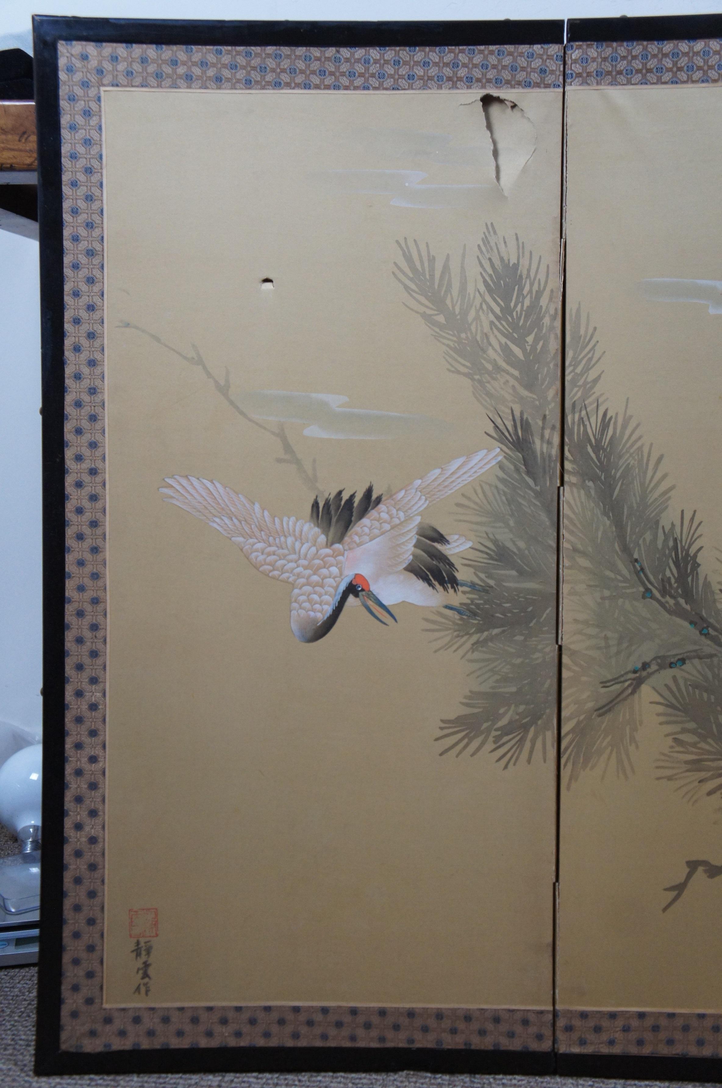 20th Century Vintage Japanese Byobu 4 Panel Silk Hand Painted Crane Lotus Folding Screen