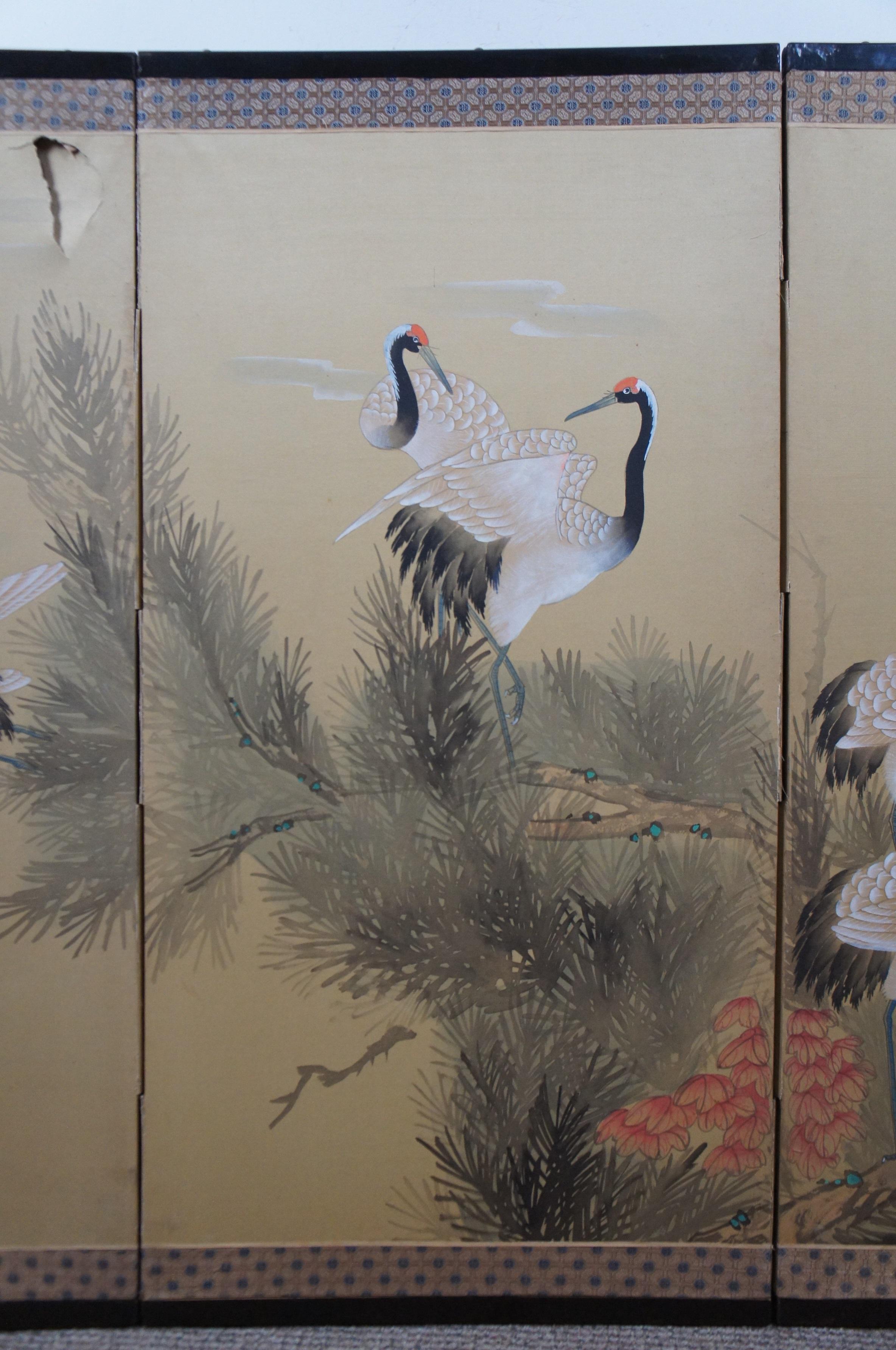 Vintage Japanese Byobu 4 Panel Silk Hand Painted Crane Lotus Folding Screen 1