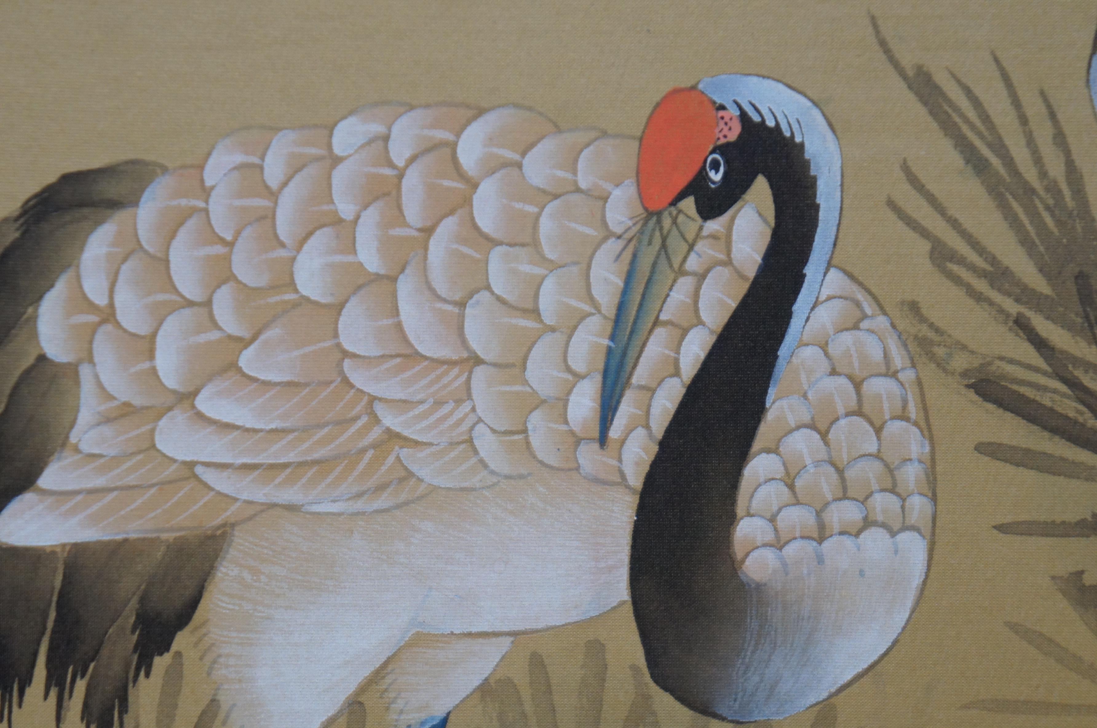 Vintage Japanese Byobu 4 Panel Silk Hand Painted Crane Lotus Folding Screen 2