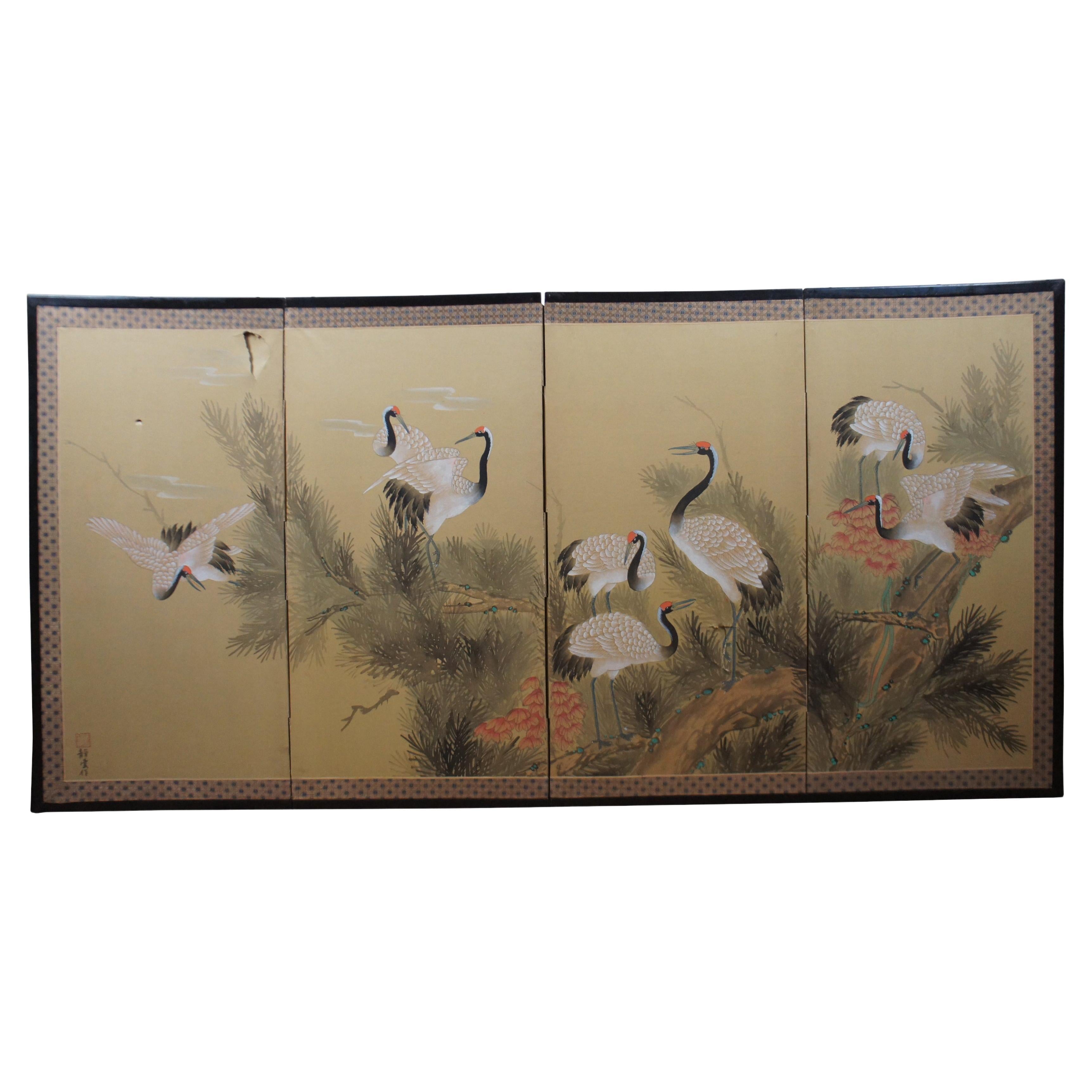 Vintage Japanese Byobu 4 Panel Silk Hand Painted Crane Lotus Folding Screen