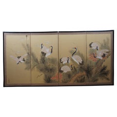 Vintage Japanese Byobu 4 Panel Silk Hand Painted Crane Lotus Folding Screen