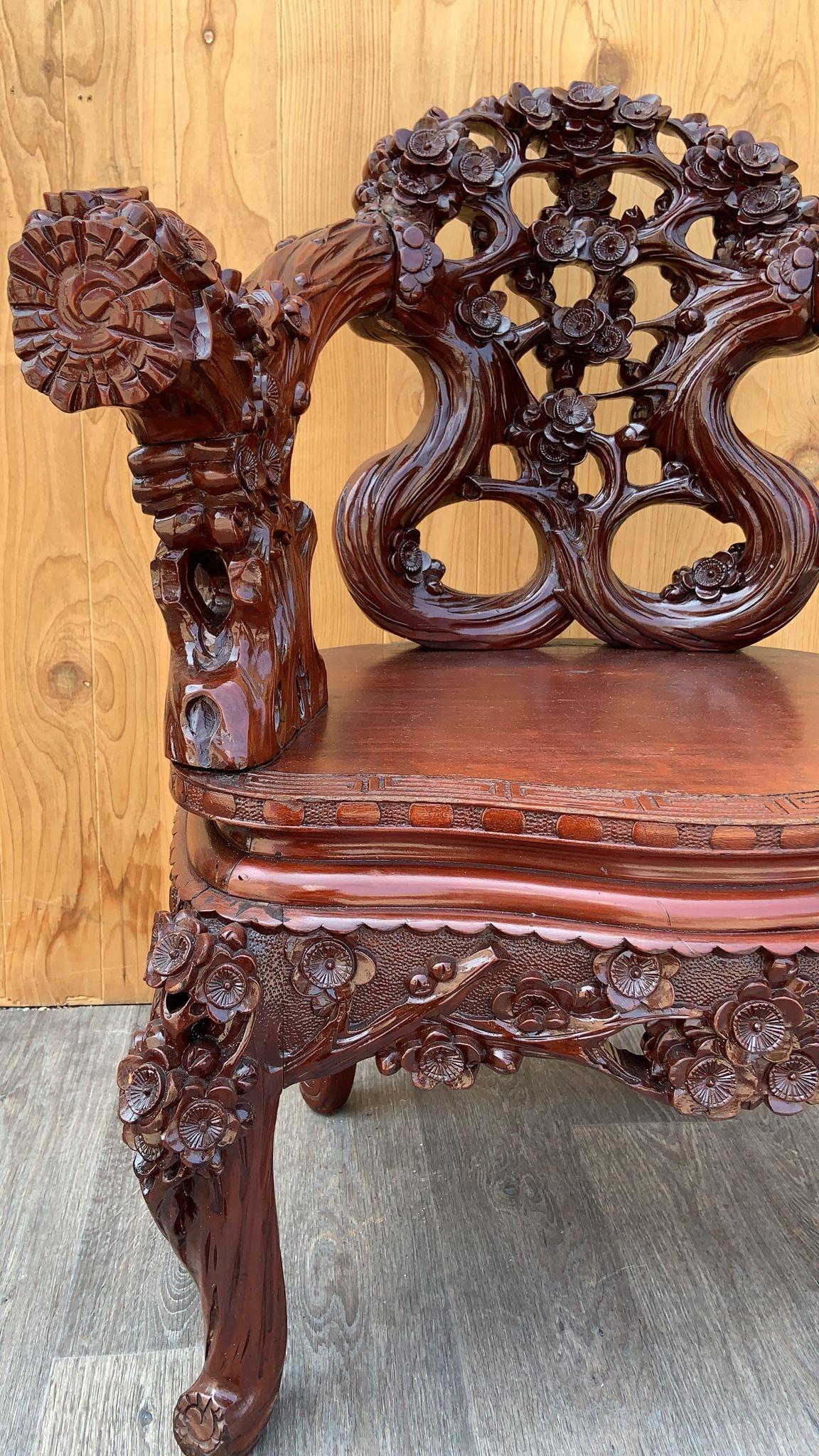 Anglo-Japanese Vintage Japanese Carved Floral Accent Chair For Sale
