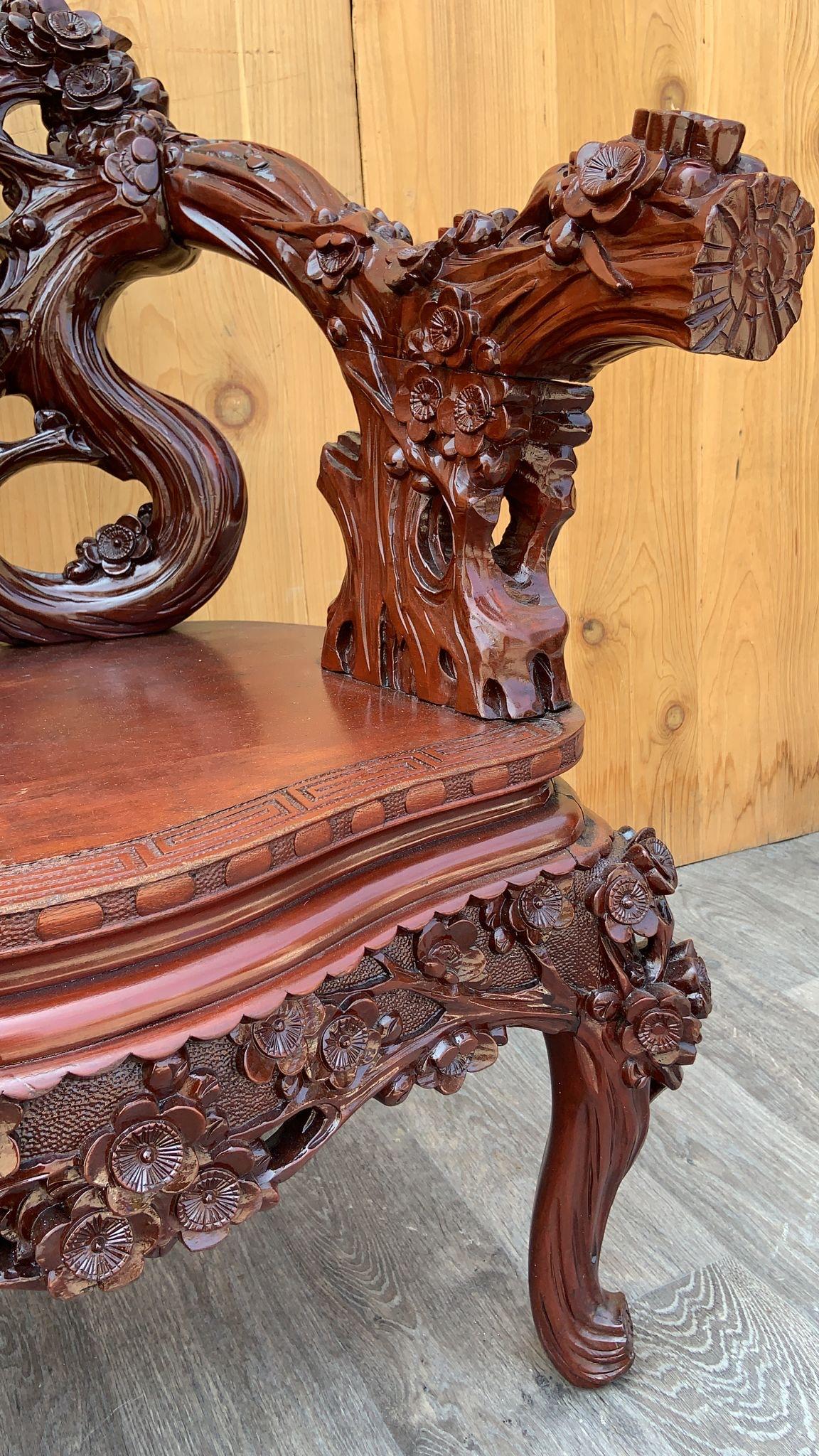 Hand-Carved Vintage Japanese Carved Floral Accent Chair For Sale